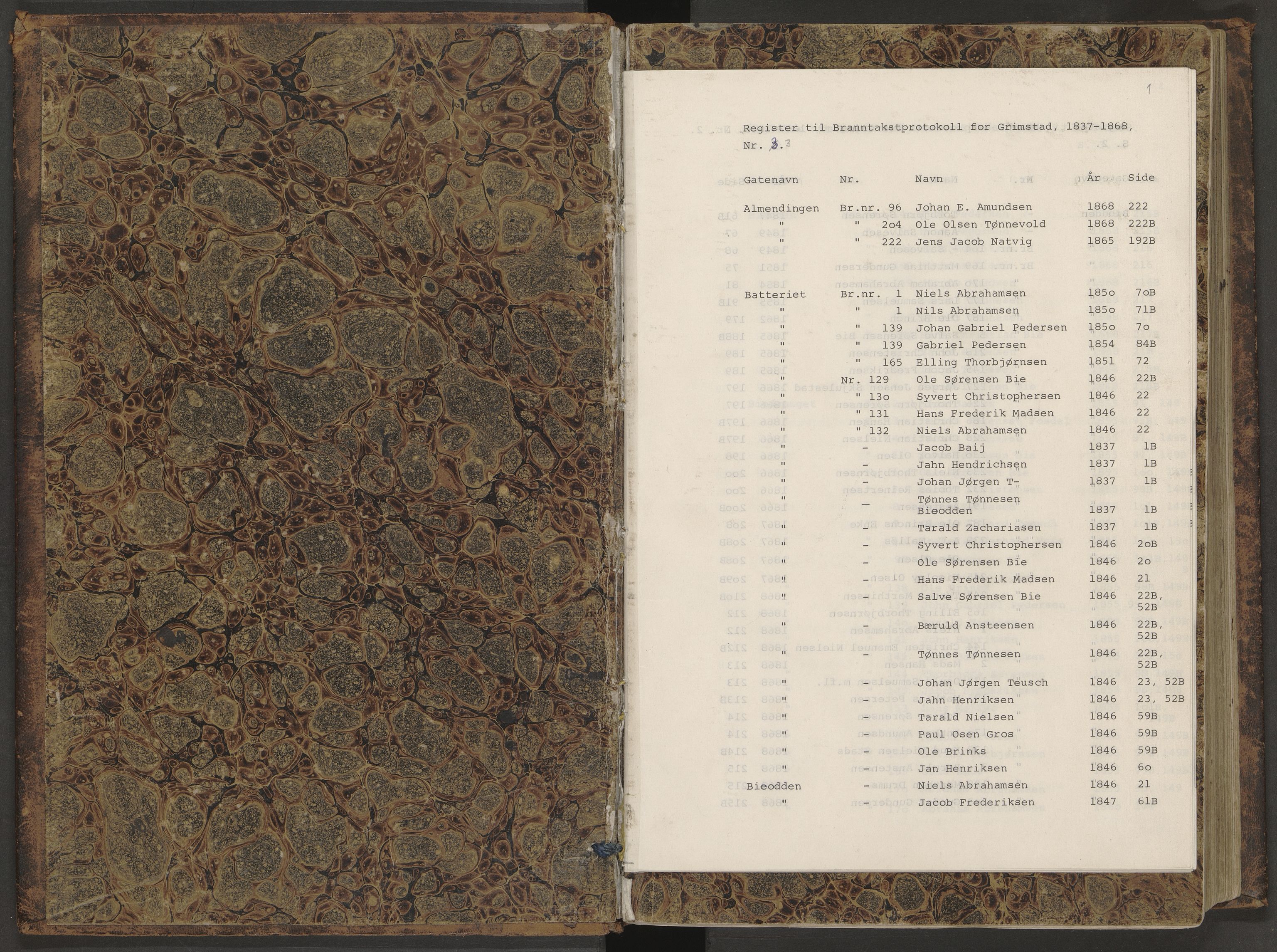 Norges Brannkasse Grimstad, AV/SAK-2241-0018/F/Fa/L0003: Branntakstprotokoll nr. 3 med gatenavnregister, 1837-1868