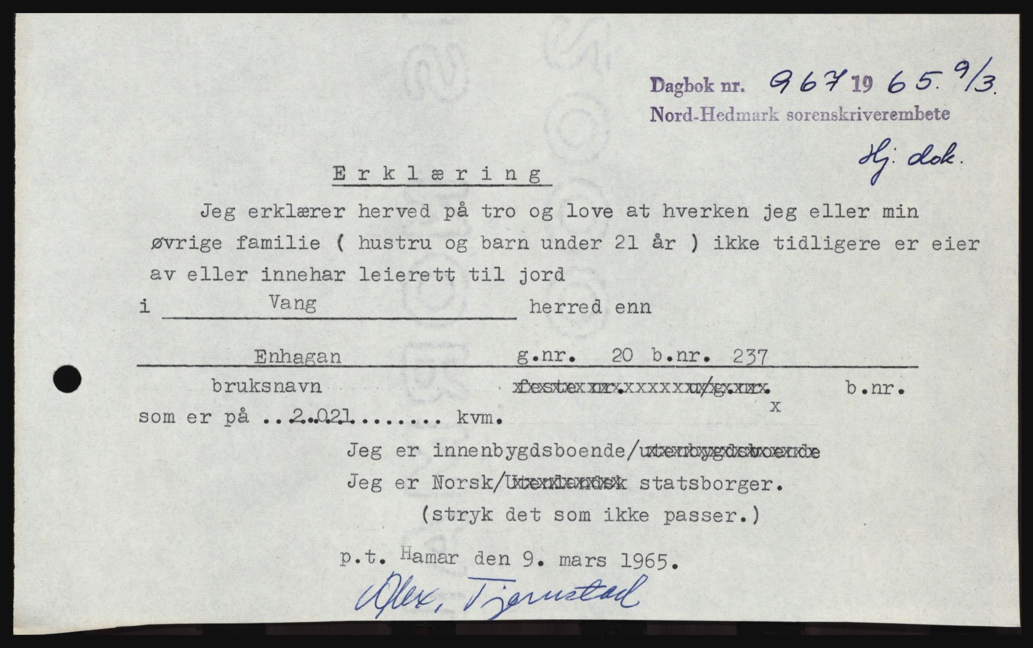 Nord-Hedmark sorenskriveri, SAH/TING-012/H/Hc/L0021: Pantebok nr. 21, 1964-1965, Dagboknr: 967/1965