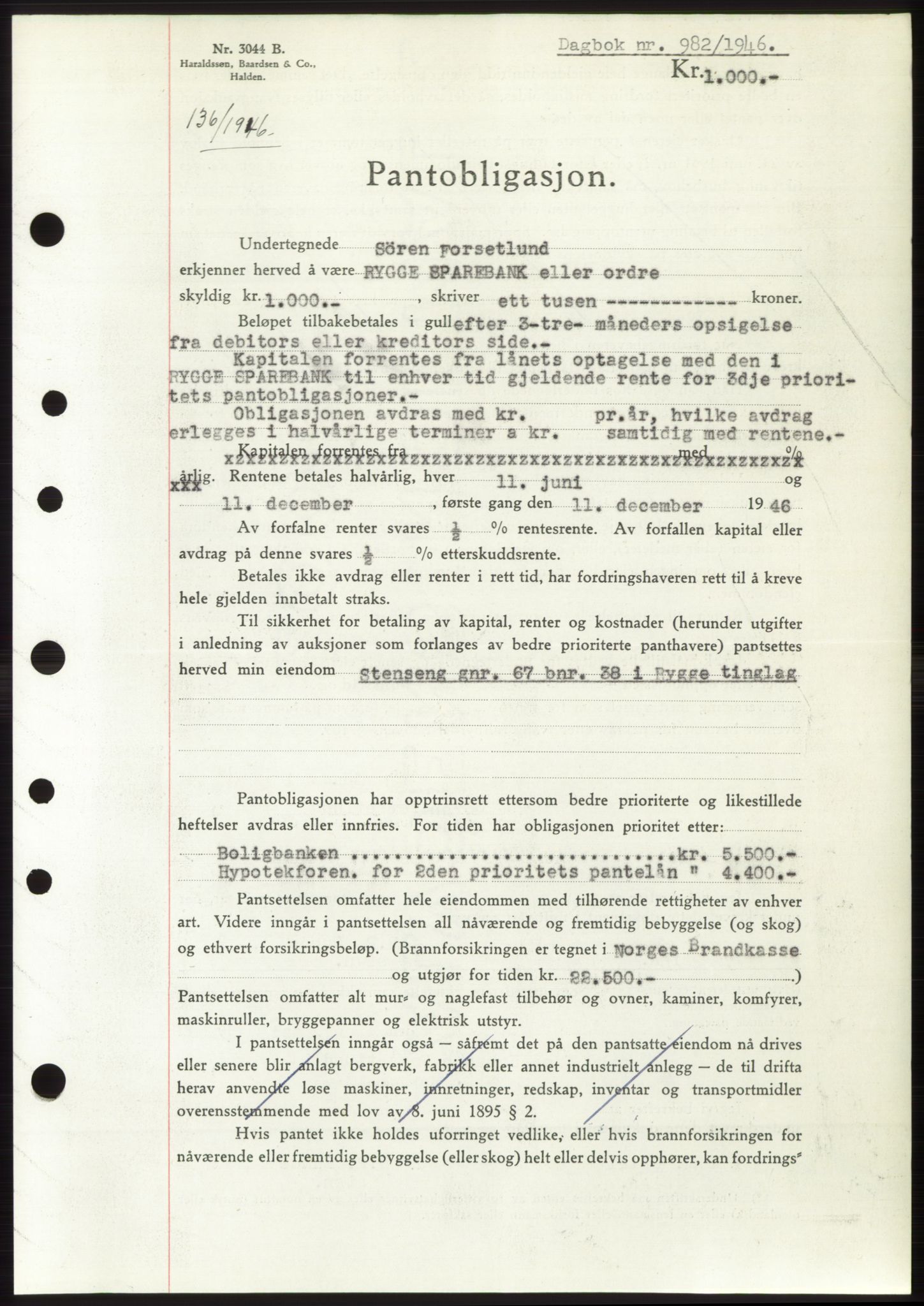 Moss sorenskriveri, SAO/A-10168: Pantebok nr. B15, 1946-1946, Dagboknr: 982/1946