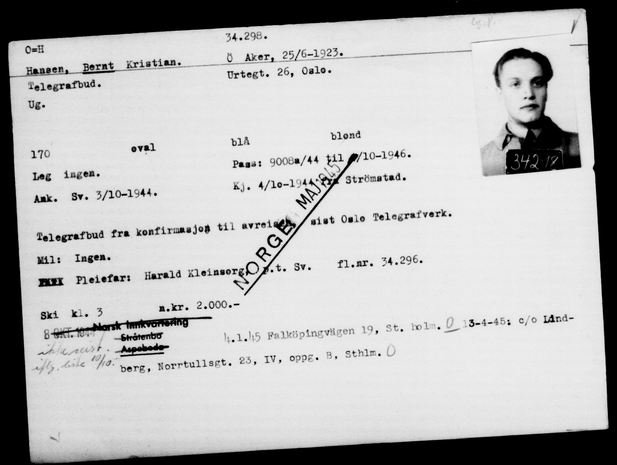 Utenriksstasjonene, Legasjonen i Stockholm, Flyktningkontoret, AV/RA-S-6753/V/Va/L0013: Kjesäterkartoteket, flyktninger med registreringsnr. 31500-34731, 1940-1945, s. 2950