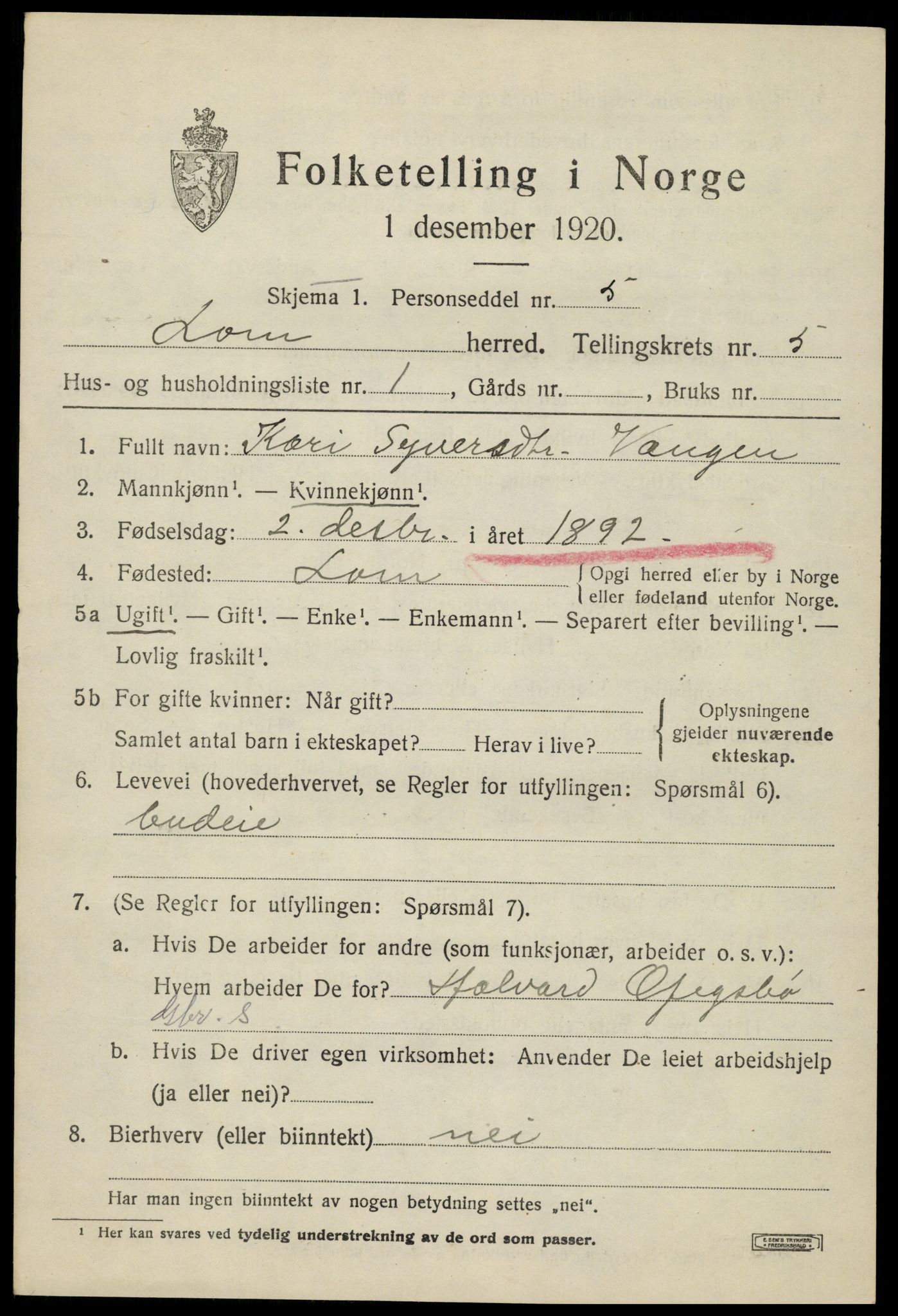 SAH, Folketelling 1920 for 0514 Lom herred, 1920, s. 3156