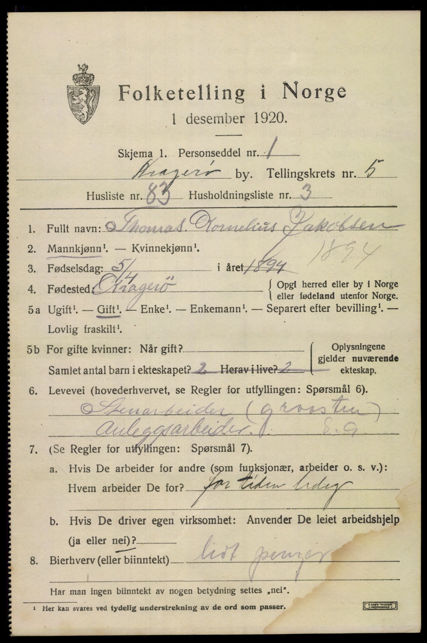 SAKO, Folketelling 1920 for 0801 Kragerø kjøpstad, 1920, s. 9019