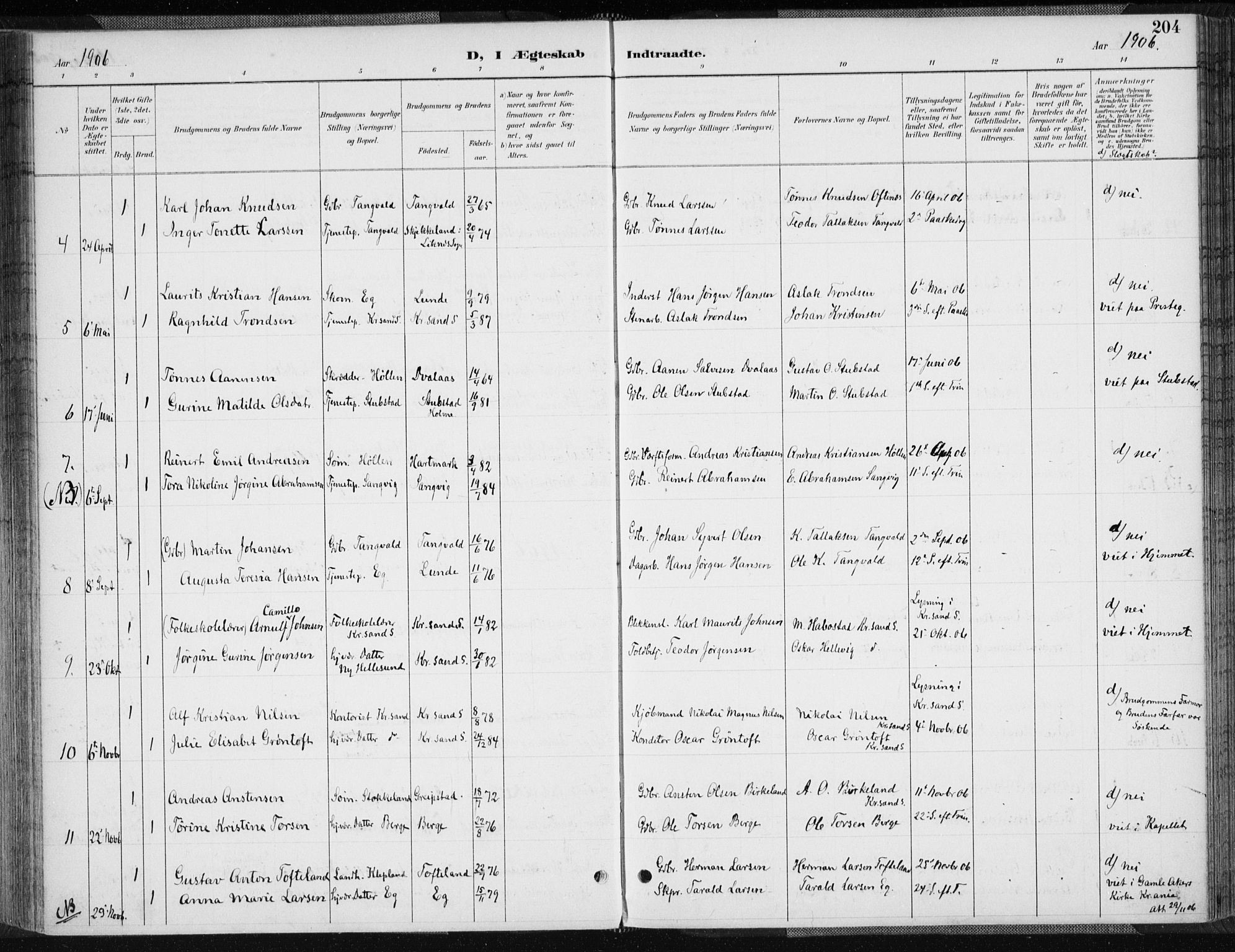 Søgne sokneprestkontor, AV/SAK-1111-0037/F/Fa/Fab/L0013: Ministerialbok nr. A 13, 1892-1911, s. 204