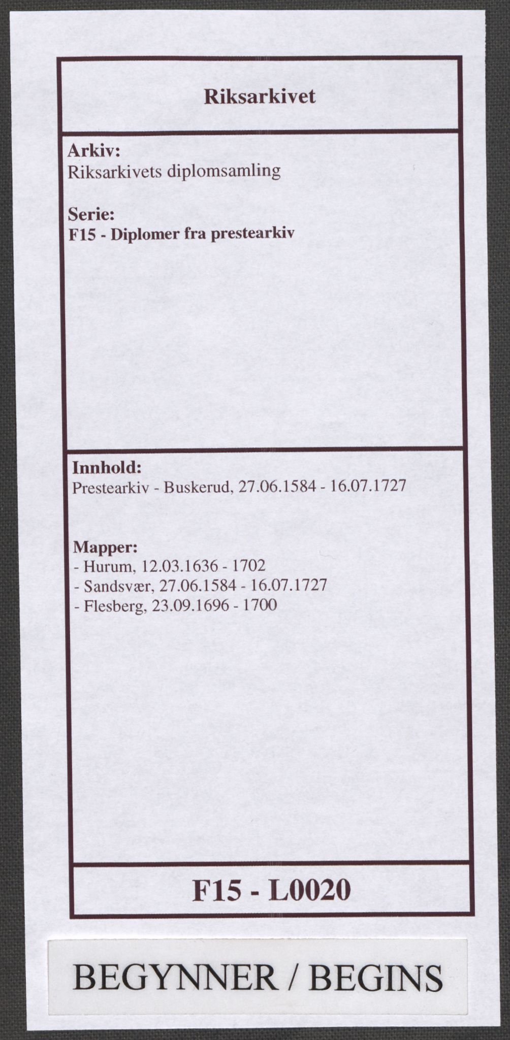 Riksarkivets diplomsamling, AV/RA-EA-5965/F15/L0020: Prestearkiv - Buskerud, 1584-1727, s. 1