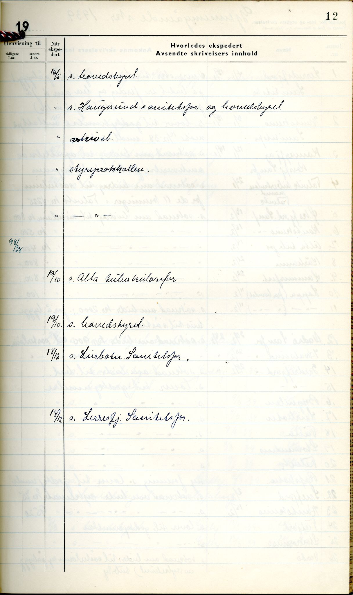 Norske Kvinners Sanitetsforening Finnmark , FMFB/A-1006/C/L0008: Journal for inn- og utgåtte brev, 1938-1944