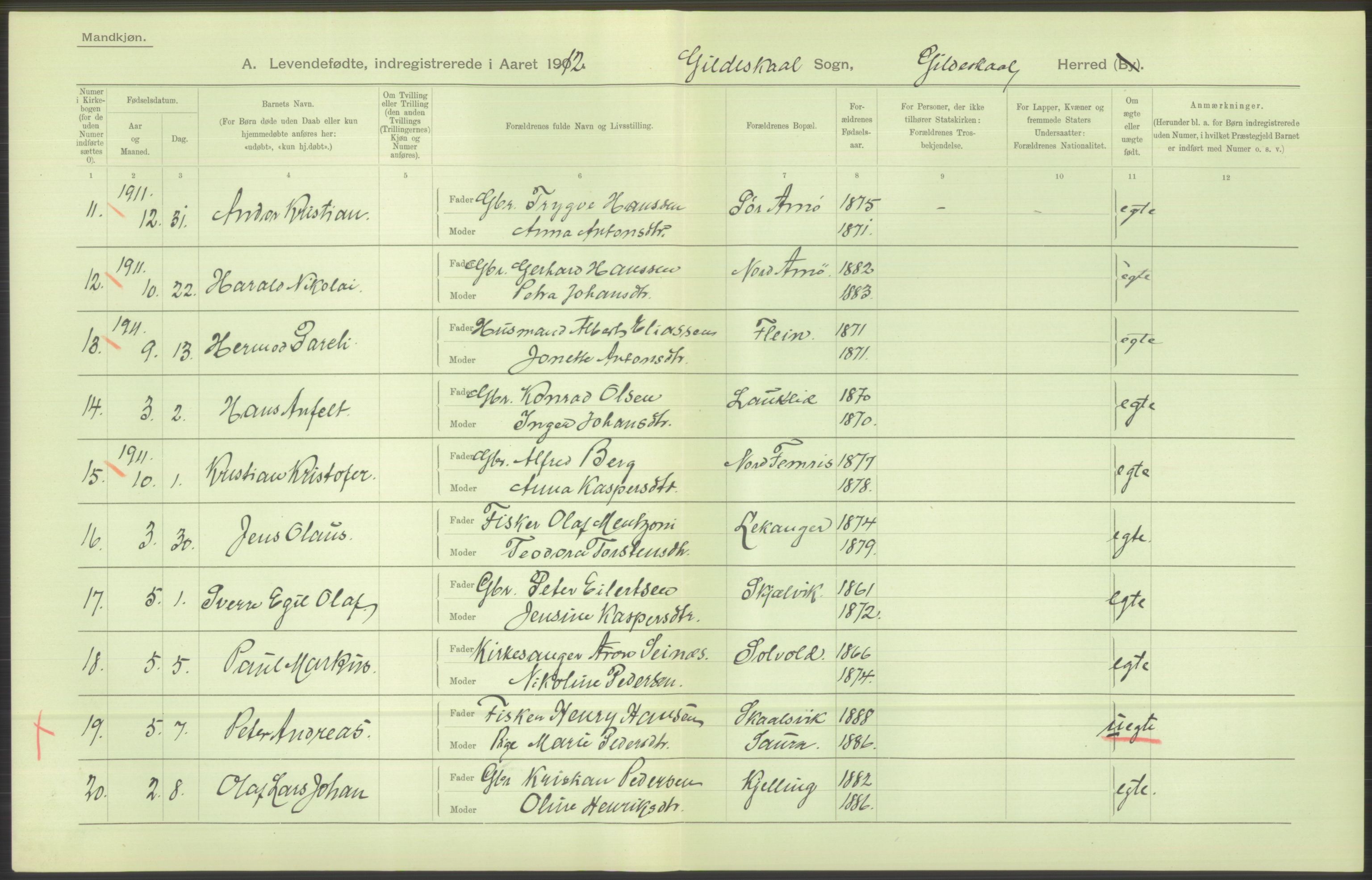 Statistisk sentralbyrå, Sosiodemografiske emner, Befolkning, AV/RA-S-2228/D/Df/Dfb/Dfbb/L0046: Nordlands amt: Levendefødte menn og kvinner. Bygder., 1912, s. 54