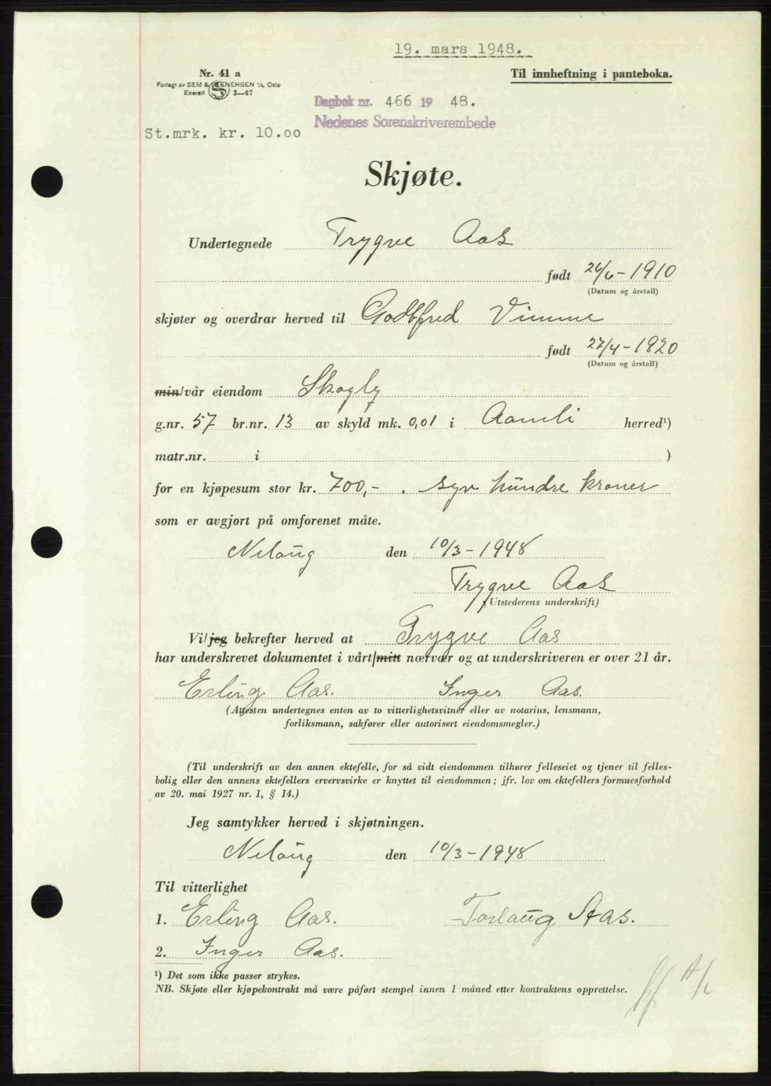 Nedenes sorenskriveri, AV/SAK-1221-0006/G/Gb/Gba/L0059: Pantebok nr. A11, 1948-1948, Dagboknr: 466/1948