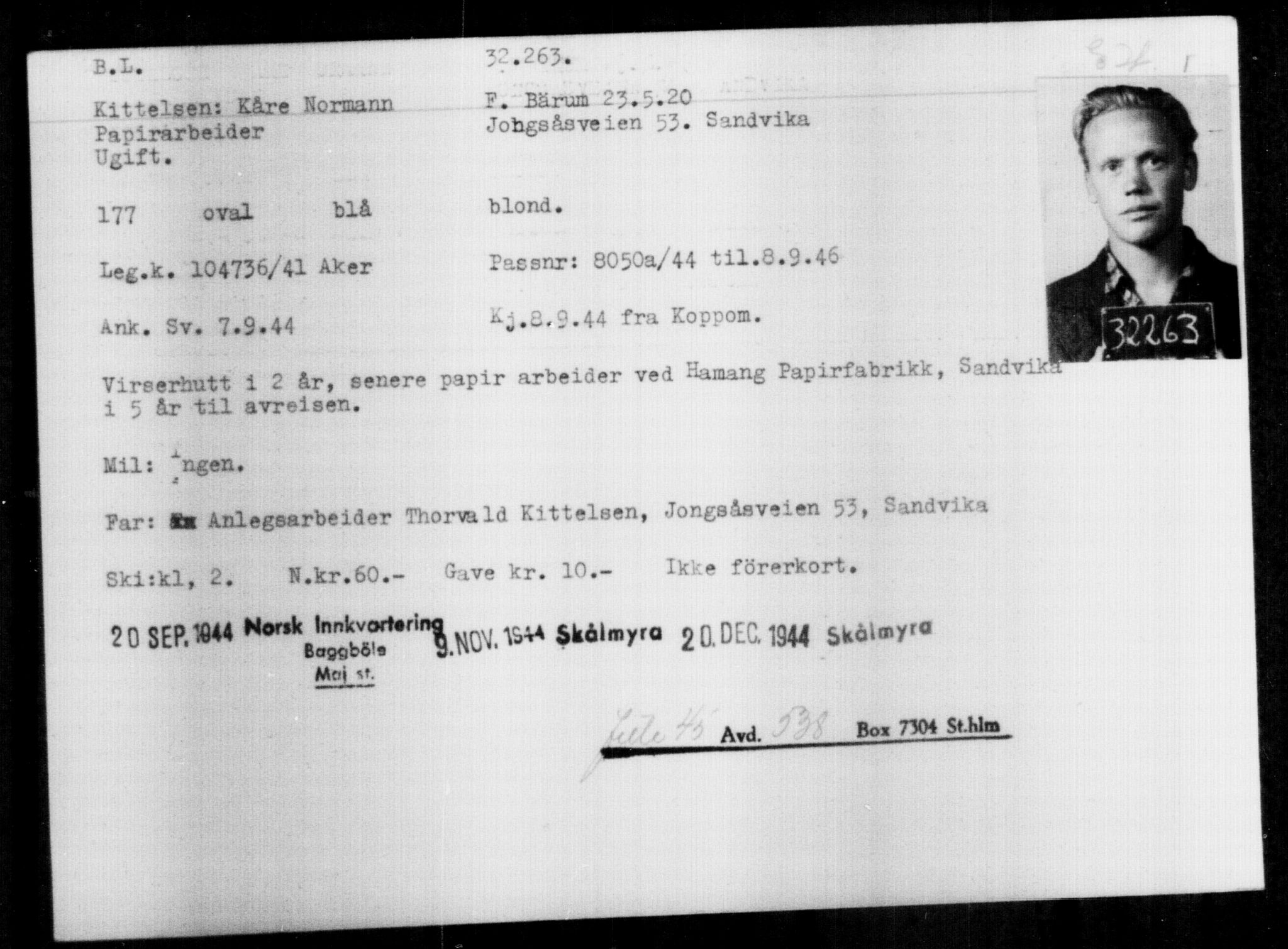Utenriksstasjonene, Legasjonen i Stockholm, Flyktningkontoret, AV/RA-S-6753/V/Va/L0013: Kjesäterkartoteket, flyktninger med registreringsnr. 31500-34731, 1940-1945, s. 811