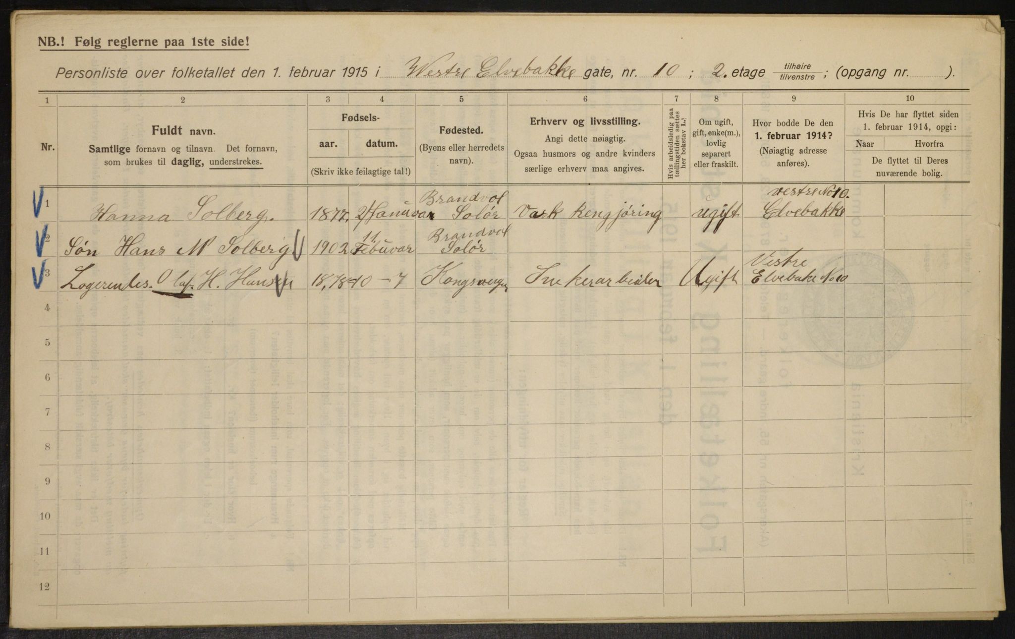 OBA, Kommunal folketelling 1.2.1915 for Kristiania, 1915, s. 123085