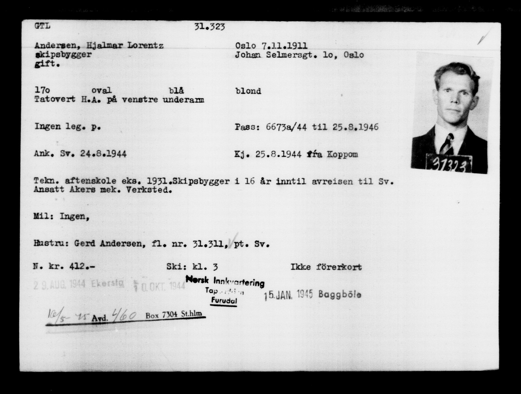 Utenriksstasjonene, Legasjonen i Stockholm, Flyktningkontoret, AV/RA-S-6753/V/Va/L0012: Kjesäterkartoteket, flyktninger med registreringsnr. 28300-31566, 1940-1945, s. 3275