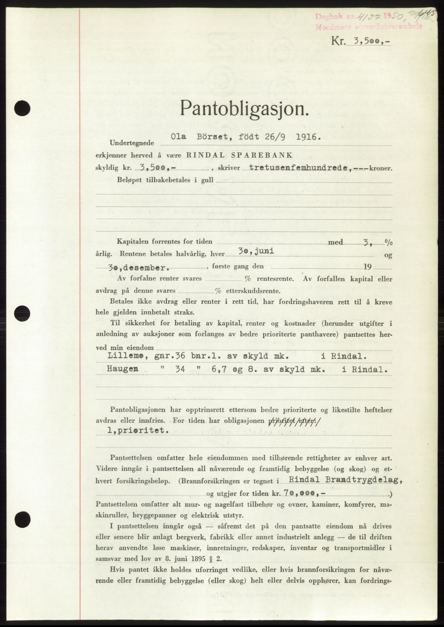 Nordmøre sorenskriveri, SAT/A-4132/1/2/2Ca: Pantebok nr. B106, 1950-1950, Dagboknr: 4132/1950