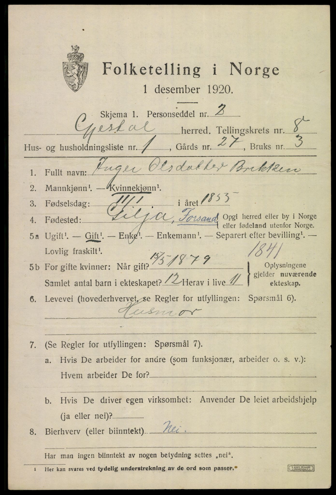 SAST, Folketelling 1920 for 1122 Gjesdal herred, 1920, s. 3762