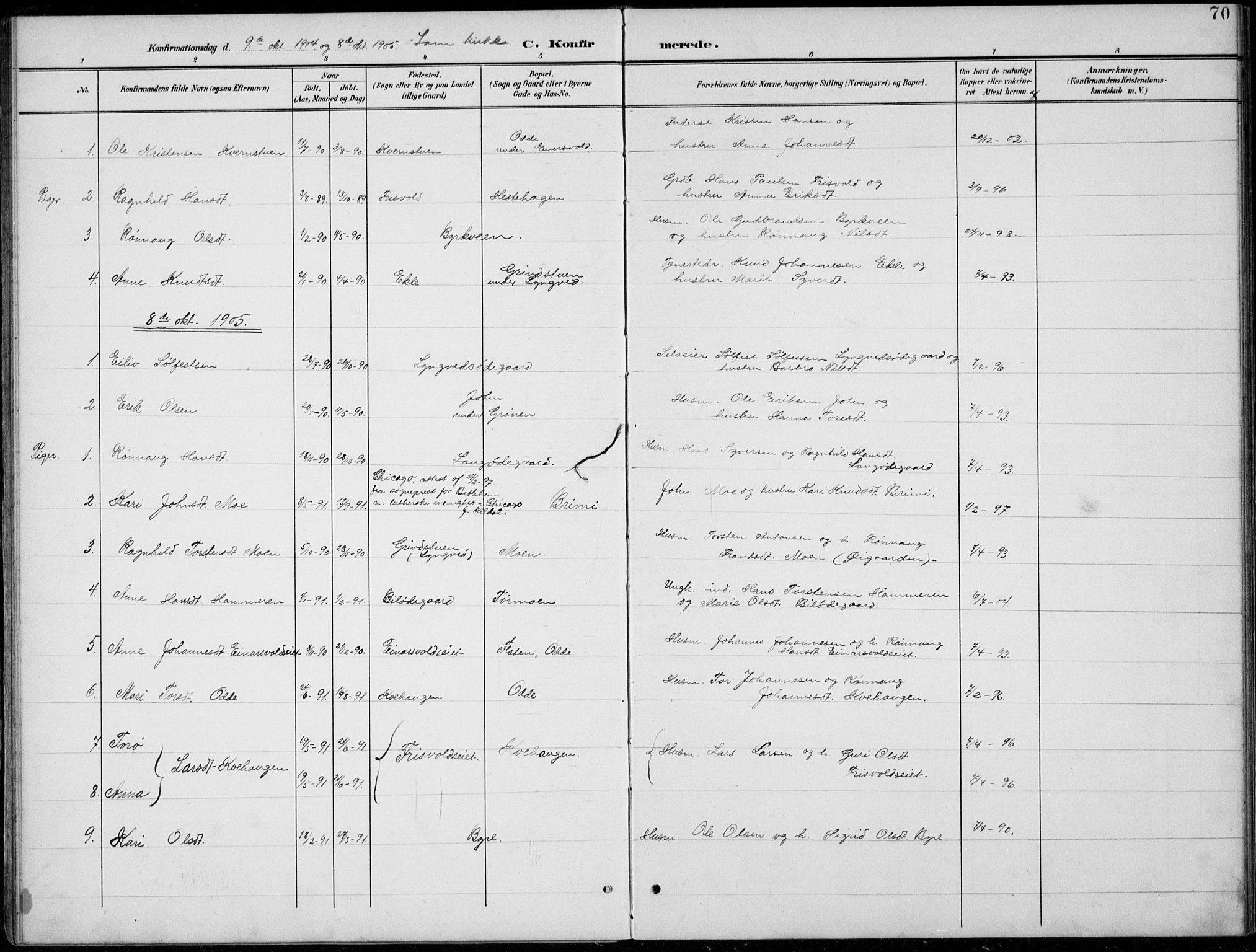 Lom prestekontor, AV/SAH-PREST-070/L/L0006: Klokkerbok nr. 6, 1901-1939, s. 70