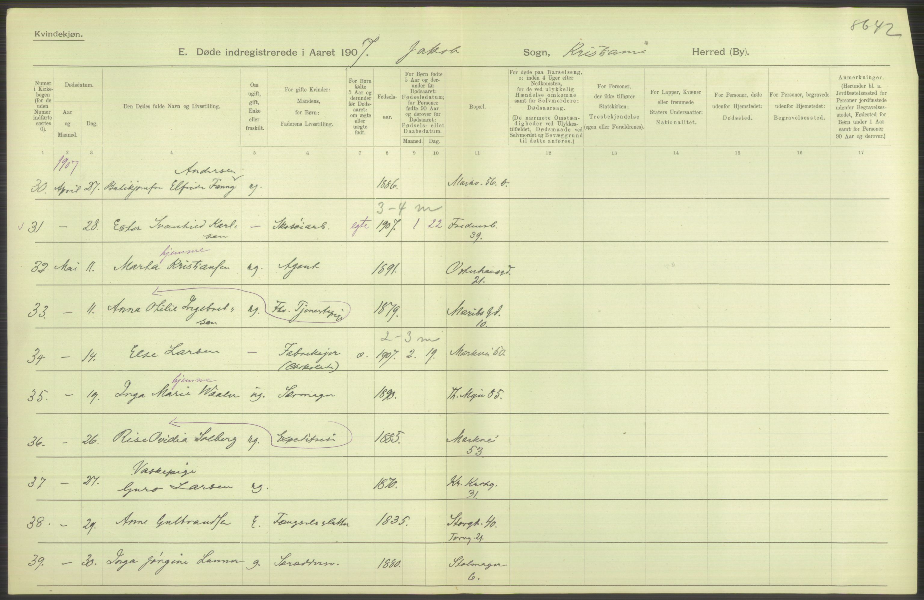 Statistisk sentralbyrå, Sosiodemografiske emner, Befolkning, AV/RA-S-2228/D/Df/Dfa/Dfae/L0009: Kristiania: Døde, 1907, s. 418