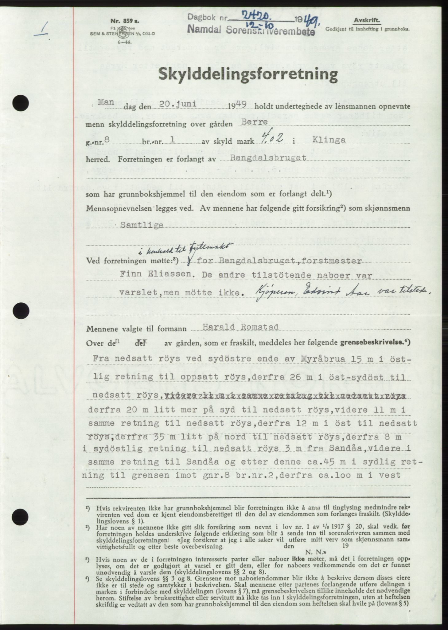 Namdal sorenskriveri, SAT/A-4133/1/2/2C: Pantebok nr. -, 1949-1949, Dagboknr: 2420/1949