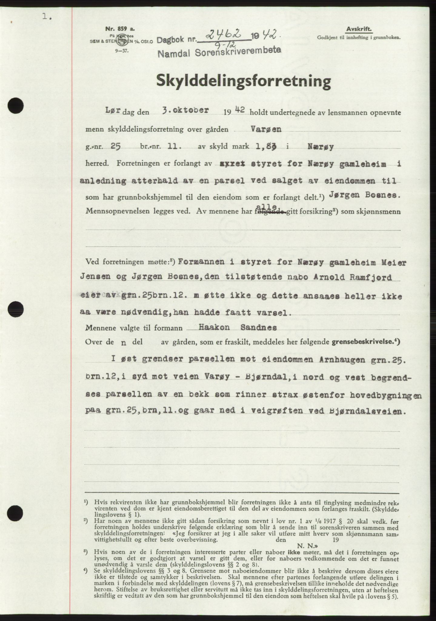 Namdal sorenskriveri, SAT/A-4133/1/2/2C: Pantebok nr. -, 1942-1943, Dagboknr: 2462/1942