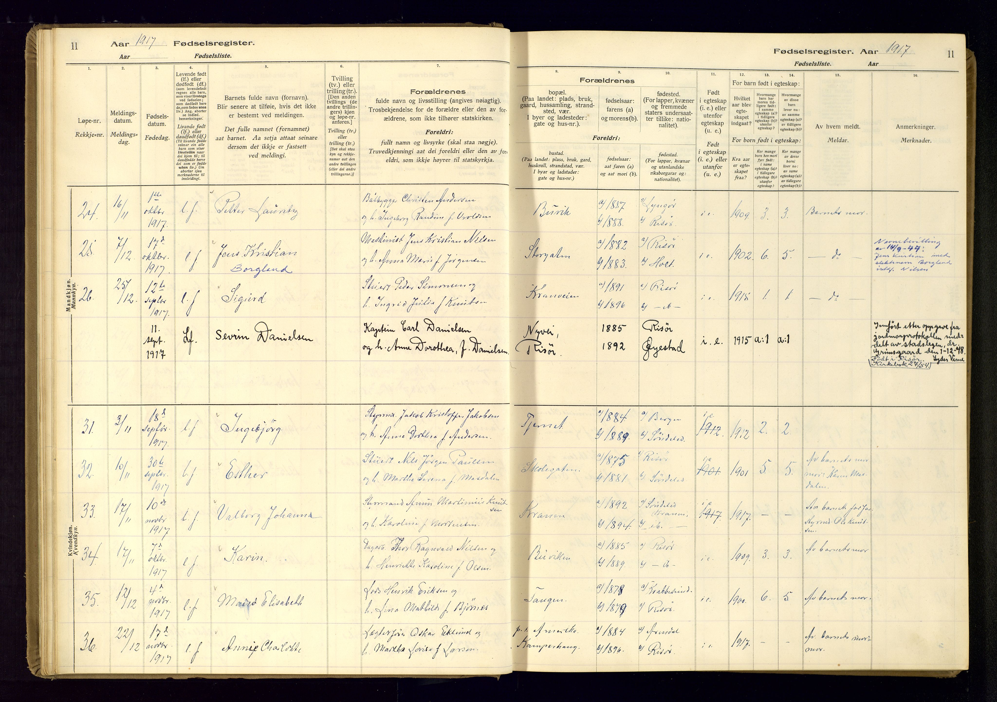 Risør sokneprestkontor, AV/SAK-1111-0035/J/Ja/L0001: Fødselsregister nr. A-VI-13, 1916-1947, s. 11