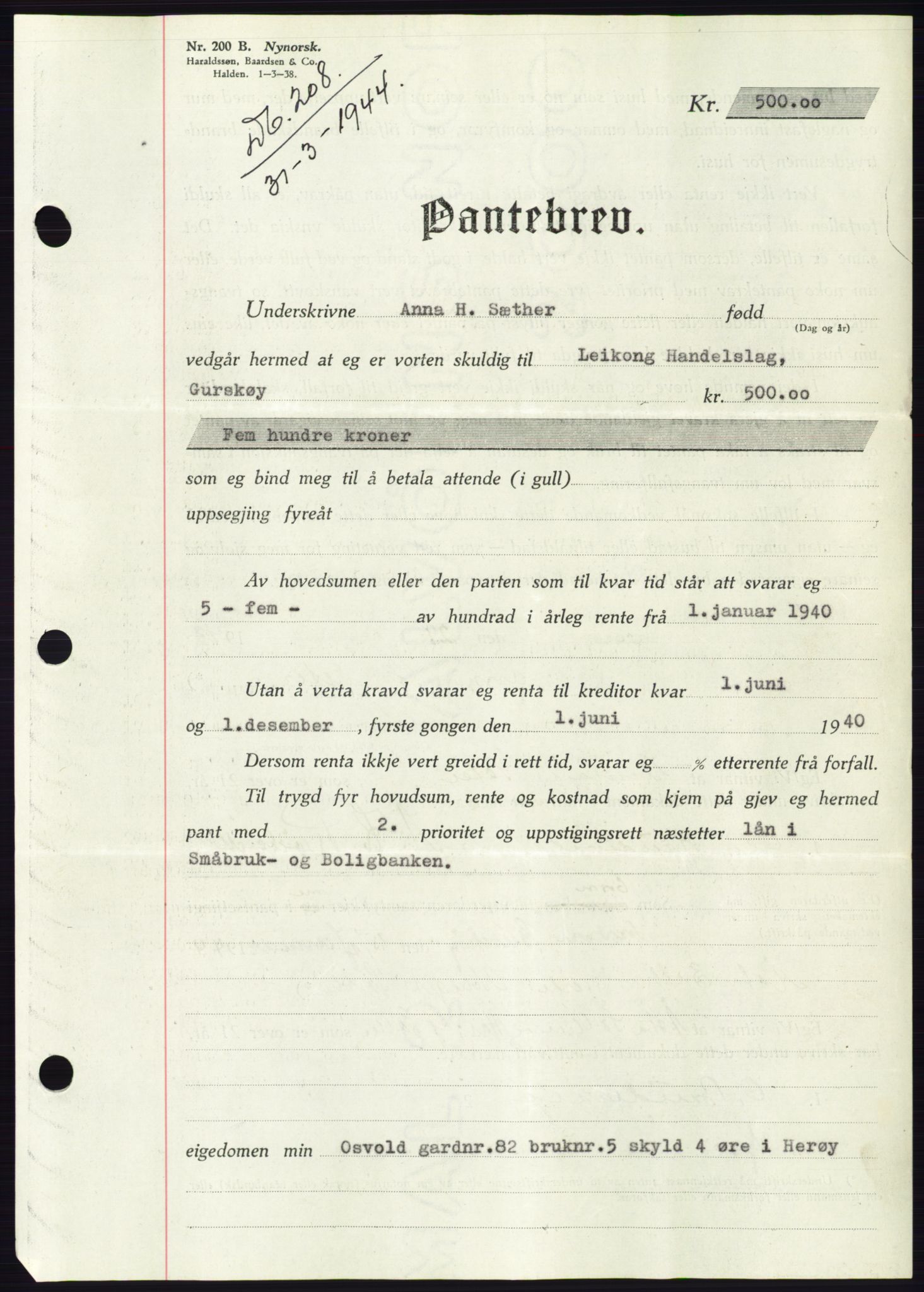 Søre Sunnmøre sorenskriveri, AV/SAT-A-4122/1/2/2C/L0114: Pantebok nr. 1-2B, 1943-1947, Dagboknr: 208/1944