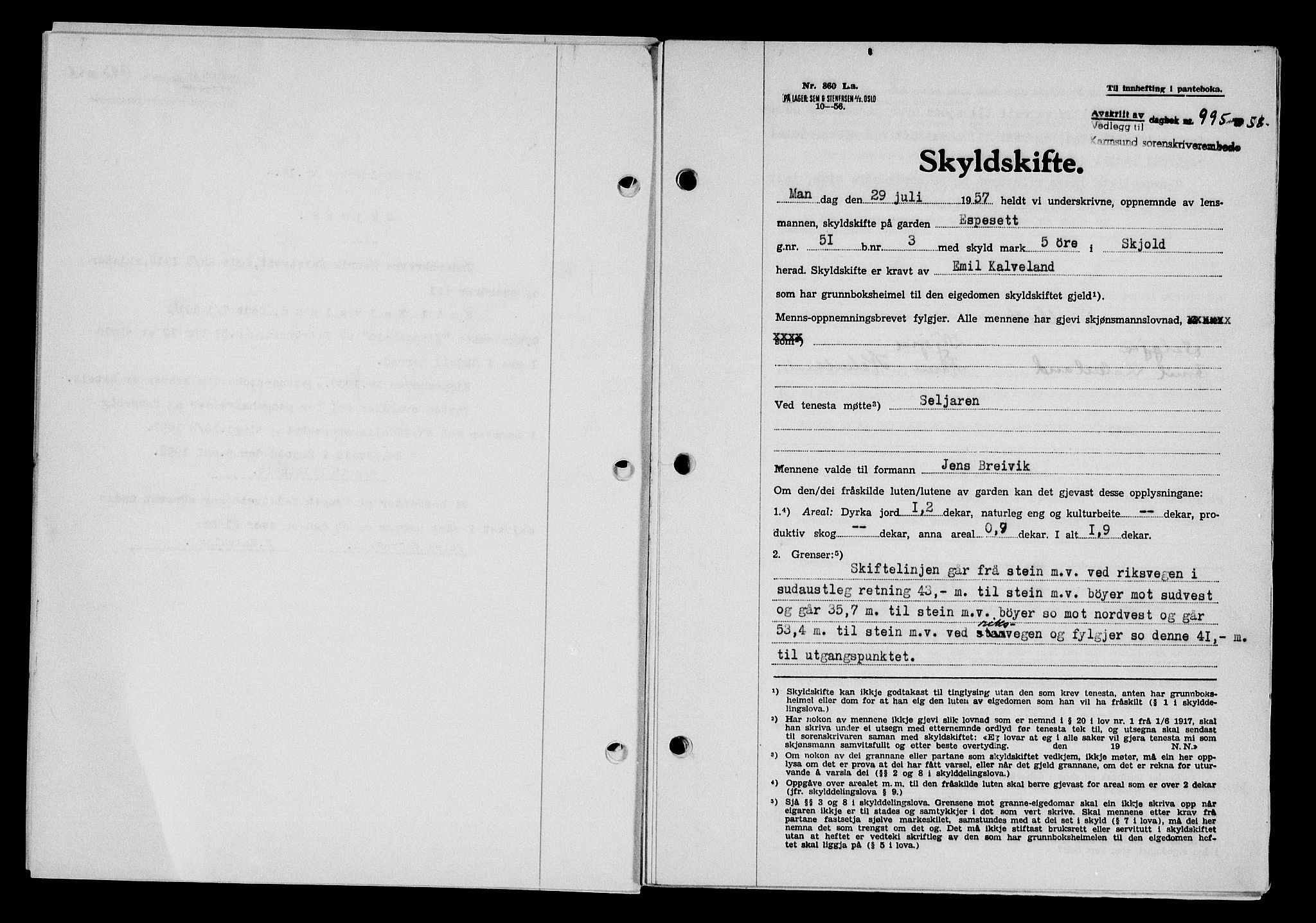 Karmsund sorenskriveri, SAST/A-100311/01/II/IIB/L0128: Pantebok nr. 108A, 1958-1958, Dagboknr: 995/1958