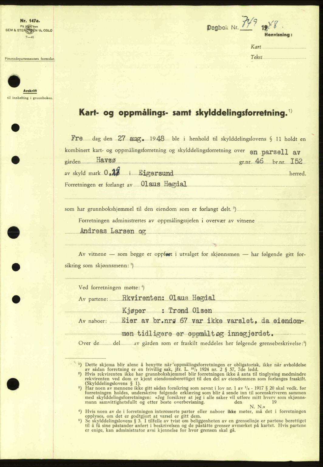 Dalane sorenskriveri, SAST/A-100309/02/G/Gb/L0051: Pantebok nr. A11, 1947-1948, Dagboknr: 749/1948