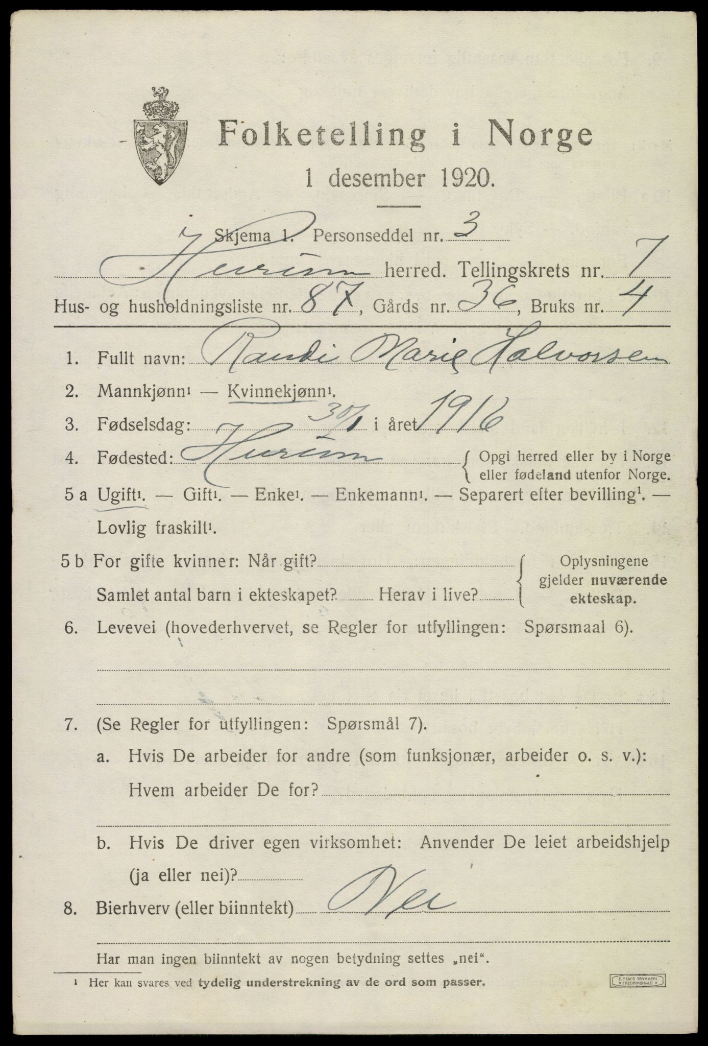 SAKO, Folketelling 1920 for 0628 Hurum herred, 1920, s. 10094