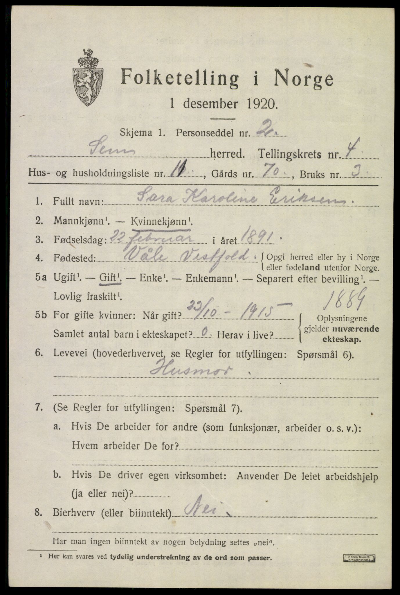 SAKO, Folketelling 1920 for 0721 Sem herred, 1920, s. 7205