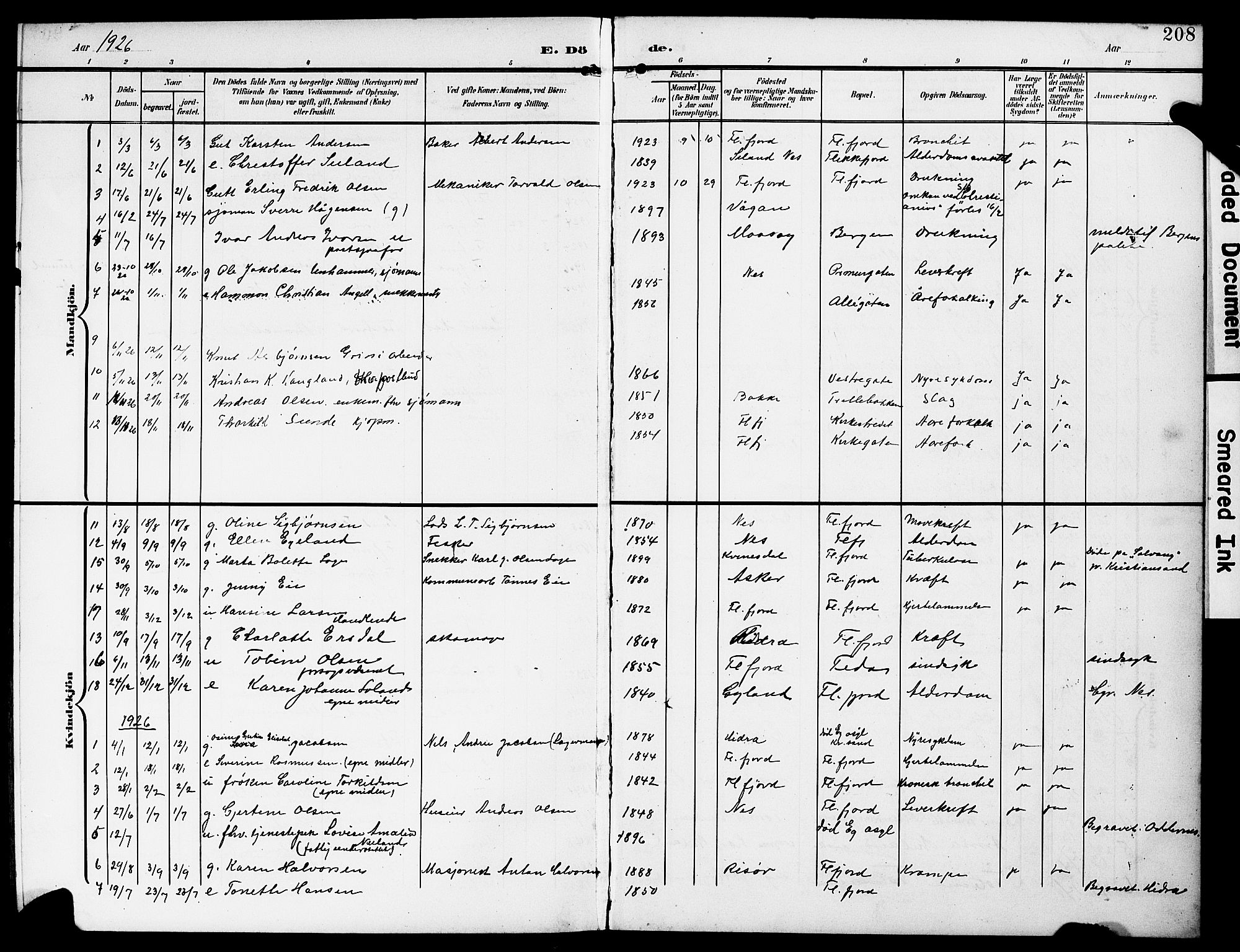 Flekkefjord sokneprestkontor, AV/SAK-1111-0012/F/Fb/Fba/L0001: Klokkerbok nr. B 1, 1903-1931, s. 208