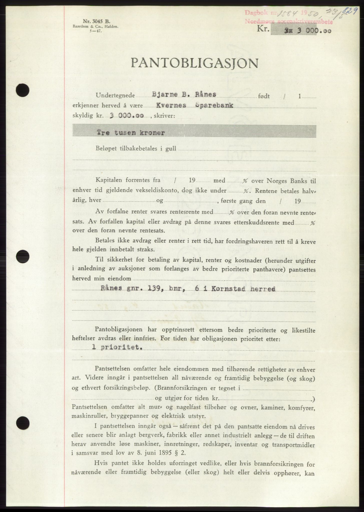 Nordmøre sorenskriveri, AV/SAT-A-4132/1/2/2Ca: Pantebok nr. B104, 1950-1950, Dagboknr: 1584/1950