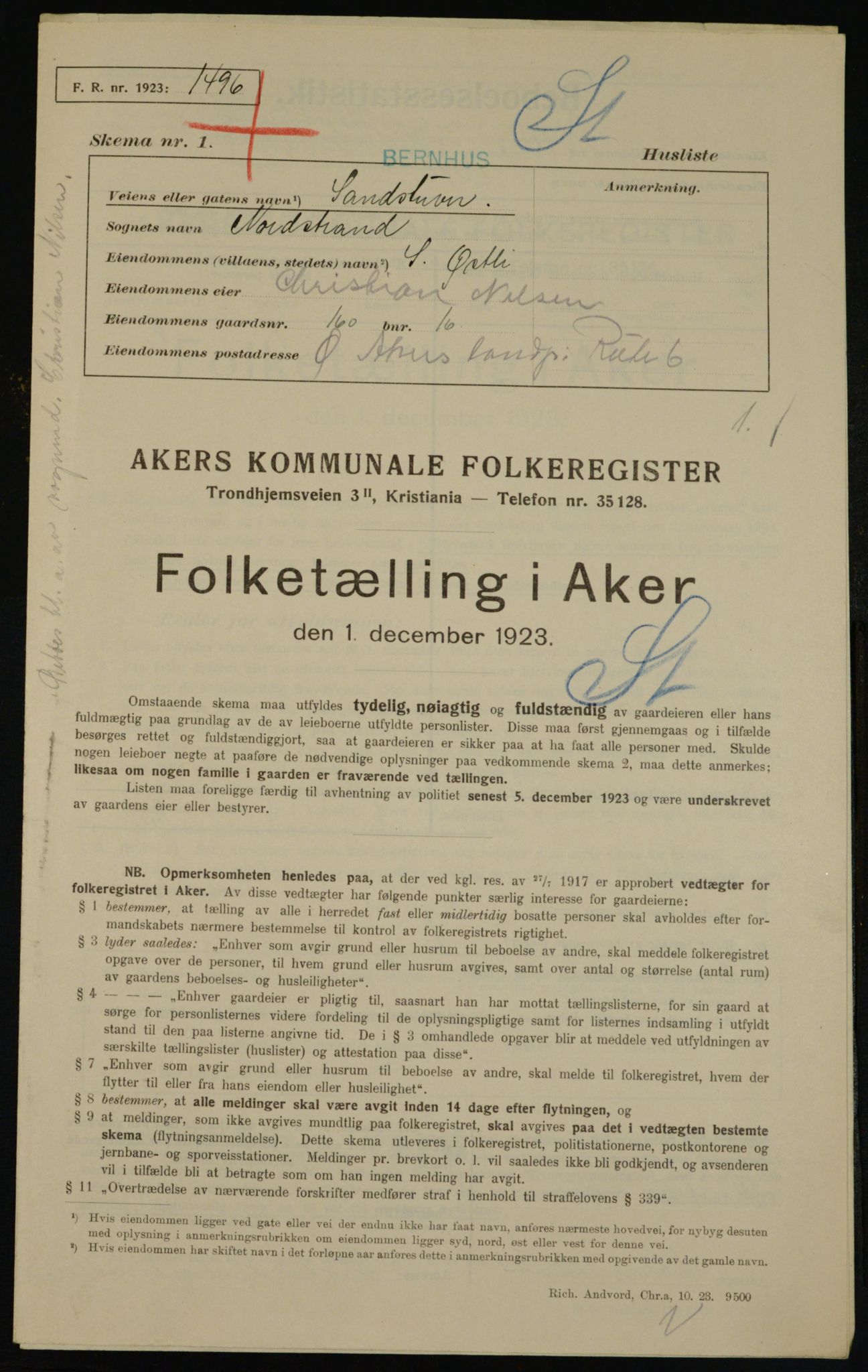 , Kommunal folketelling 1.12.1923 for Aker, 1923, s. 45190