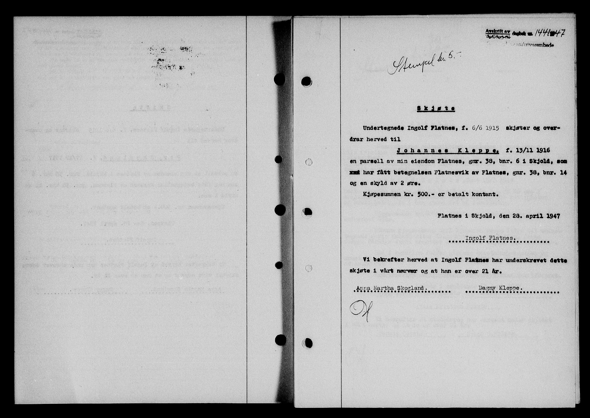 Karmsund sorenskriveri, SAST/A-100311/01/II/IIB/L0090: Pantebok nr. 70A, 1947-1947, Dagboknr: 1441/1947