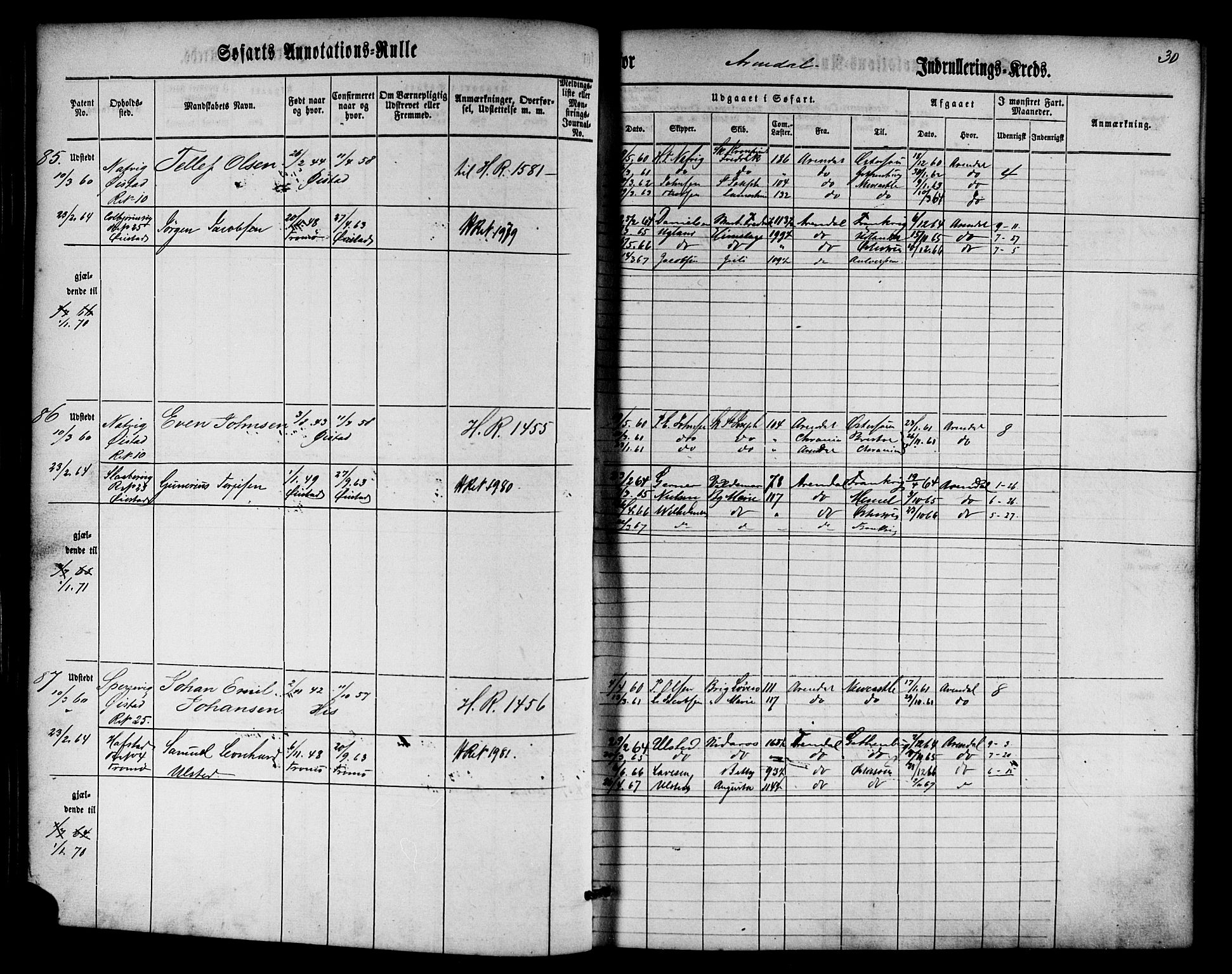 Arendal mønstringskrets, SAK/2031-0012/F/Fa/L0001: Annotasjonsrulle nr 1-794 med register, E-1, 1860-1865, s. 59