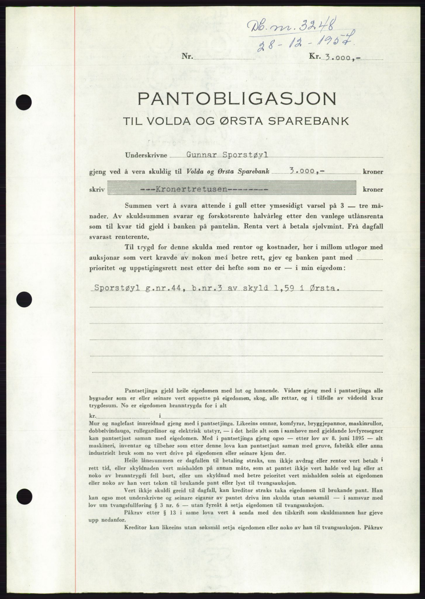 Søre Sunnmøre sorenskriveri, AV/SAT-A-4122/1/2/2C/L0130: Pantebok nr. 18B, 1957-1958, Dagboknr: 3248/1957