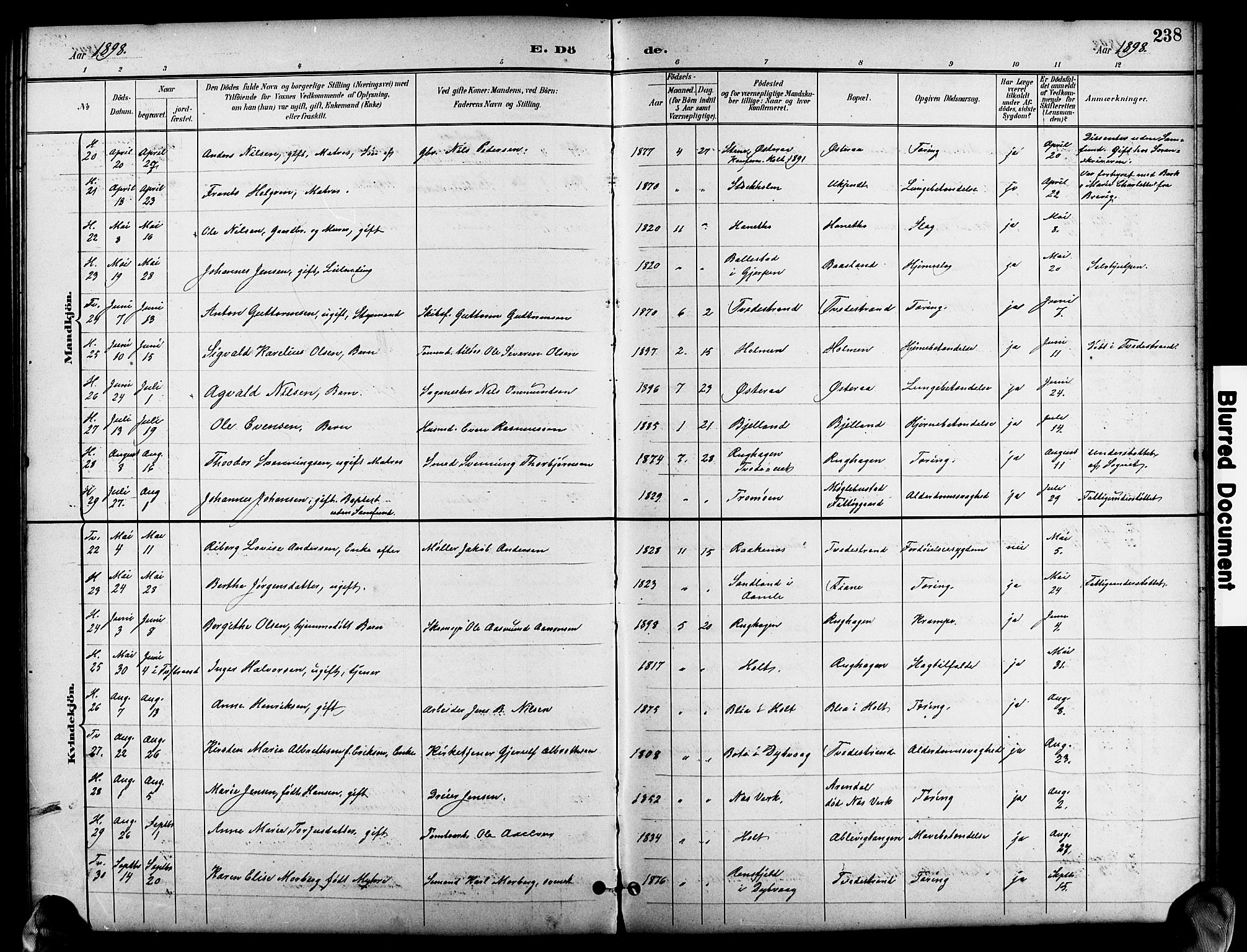 Holt sokneprestkontor, AV/SAK-1111-0021/F/Fb/L0011: Klokkerbok nr. B 11, 1897-1921, s. 238