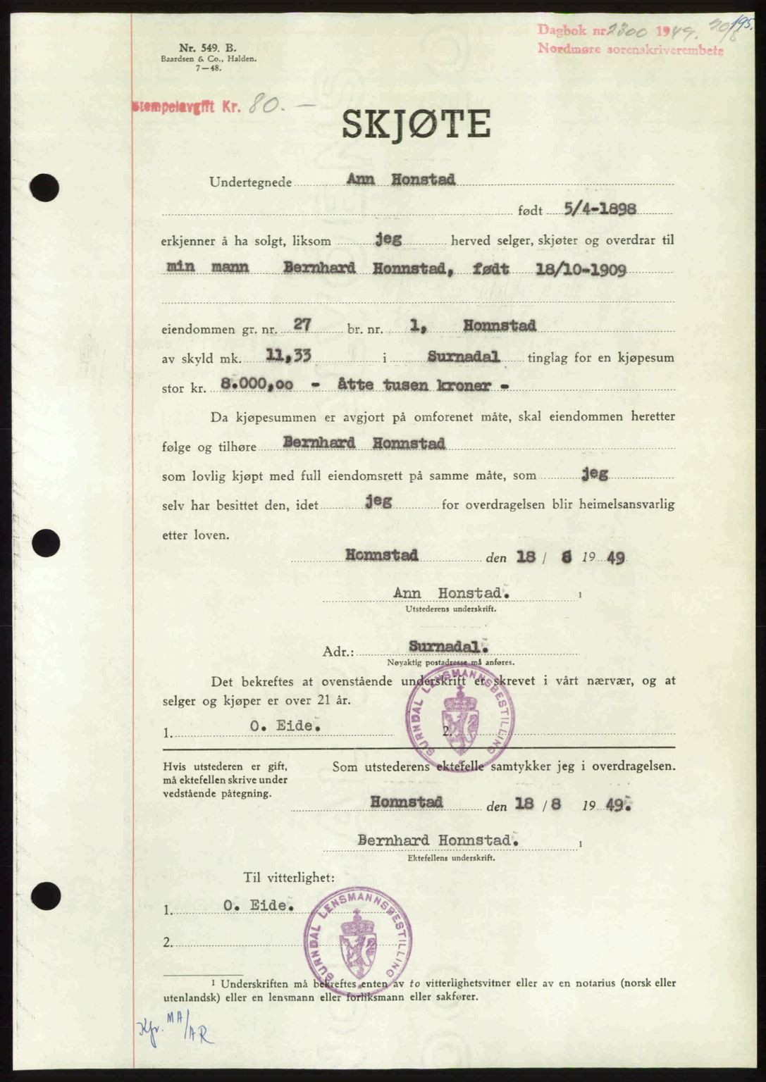 Nordmøre sorenskriveri, SAT/A-4132/1/2/2Ca: Pantebok nr. A112, 1949-1949, Dagboknr: 2300/1949