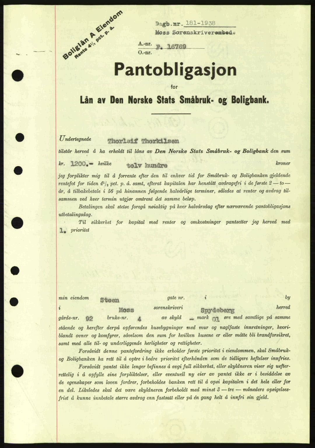 Moss sorenskriveri, SAO/A-10168: Pantebok nr. B4, 1937-1938, Dagboknr: 181/1938
