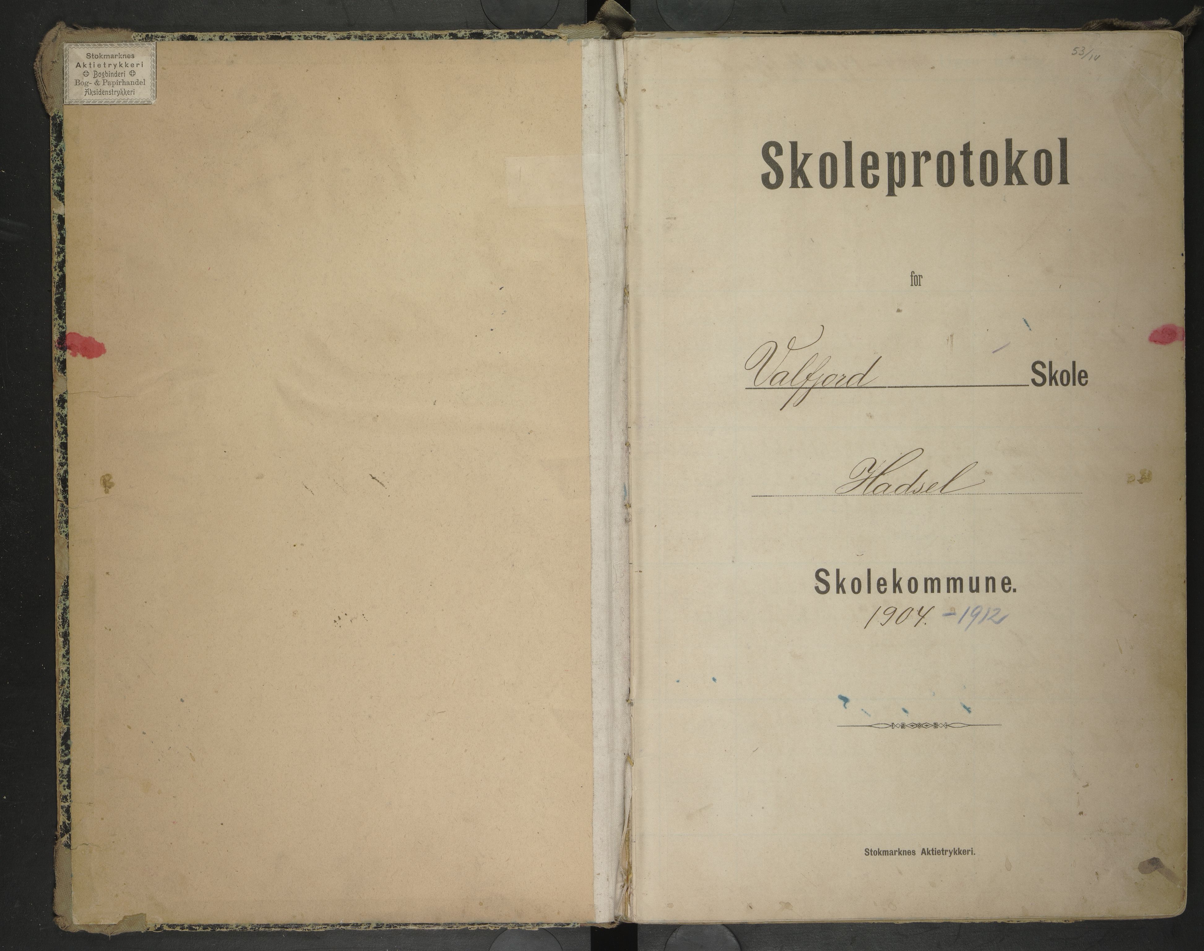 Hadsel kommune. Holmstad og Valfjord skolekrets, AIN/K-18660.510.50/F/L0001: Skoleprotokoll Holmstad og Valfjord, 1904-1912