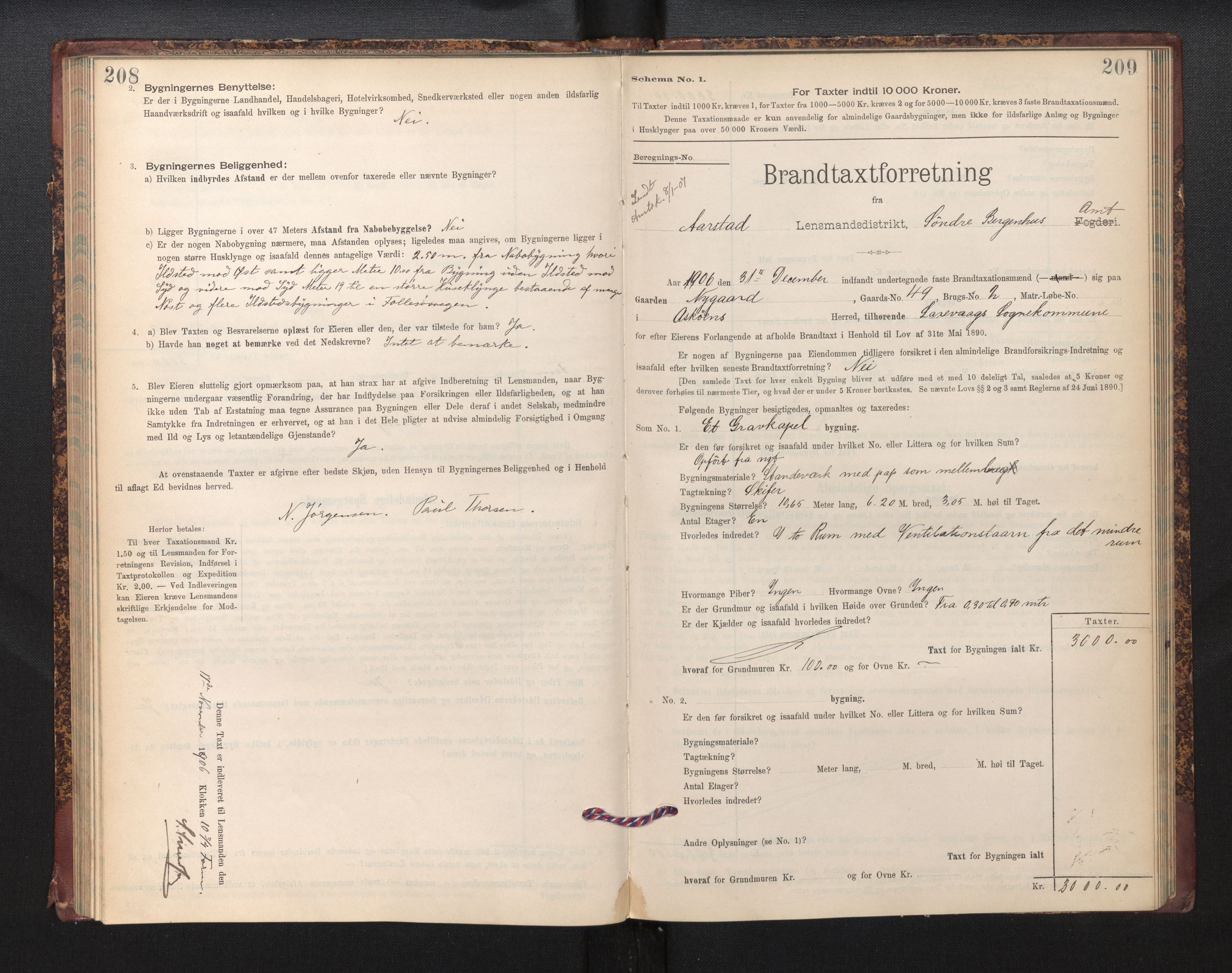 Lensmannen i Årstad, SAB/A-36201/0012/L0013: Branntakstprotokoll,skjematakst, 1901-1907, s. 208-209