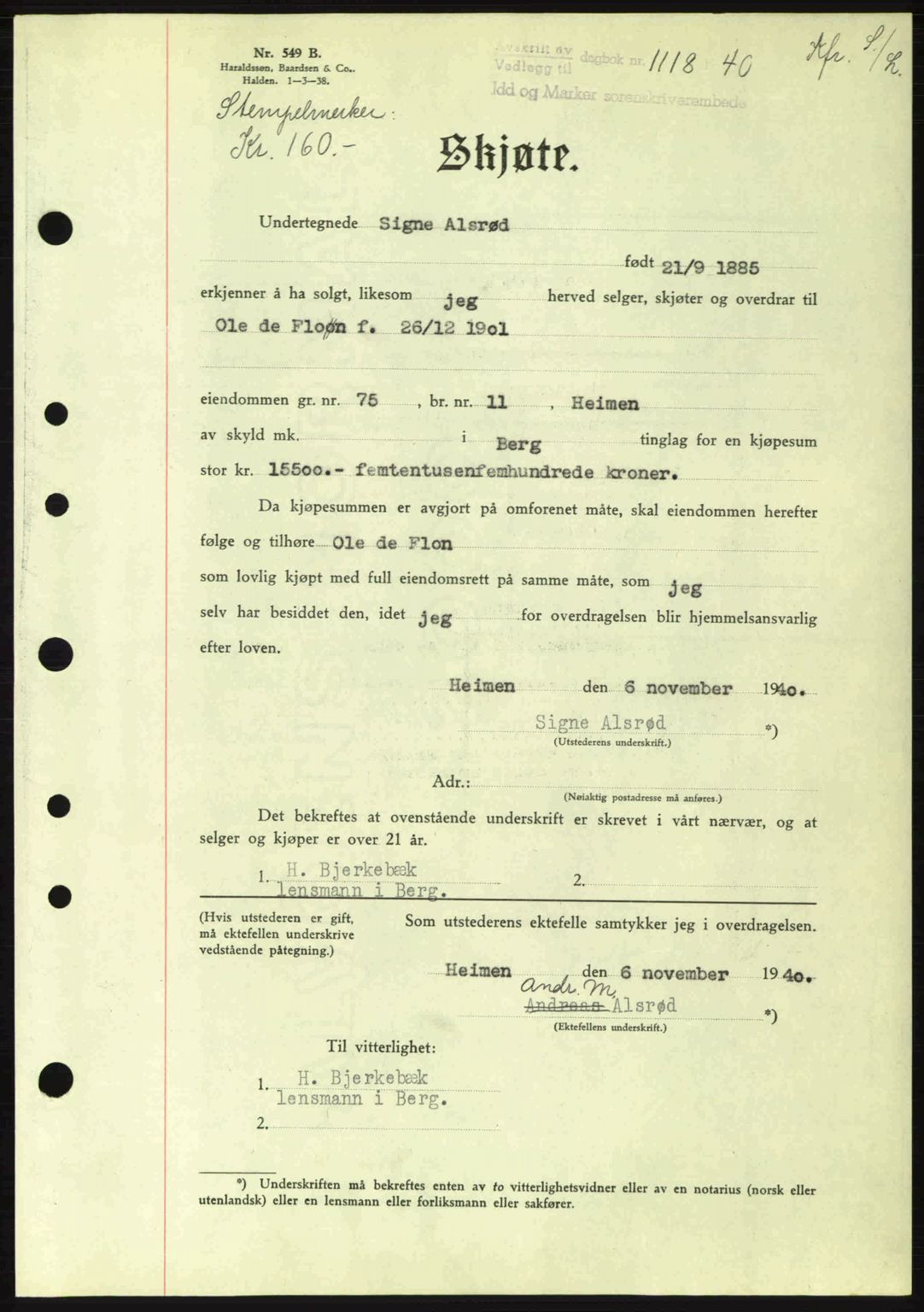 Idd og Marker sorenskriveri, AV/SAO-A-10283/G/Gb/Gbb/L0004: Pantebok nr. A4, 1940-1941, Dagboknr: 1118/1940