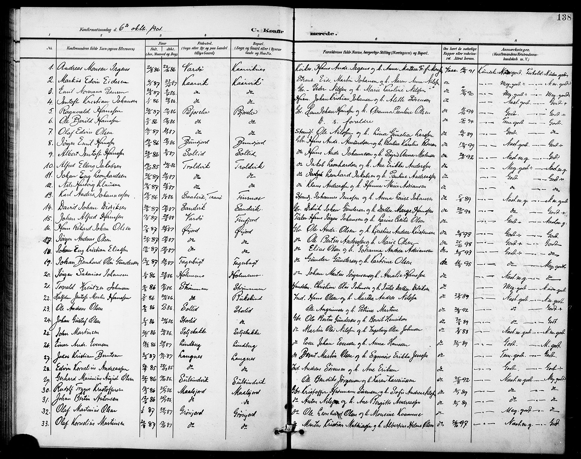 Lenvik sokneprestembete, AV/SATØ-S-1310/H/Ha/Hab/L0008klokker: Klokkerbok nr. 8, 1899-1911, s. 138