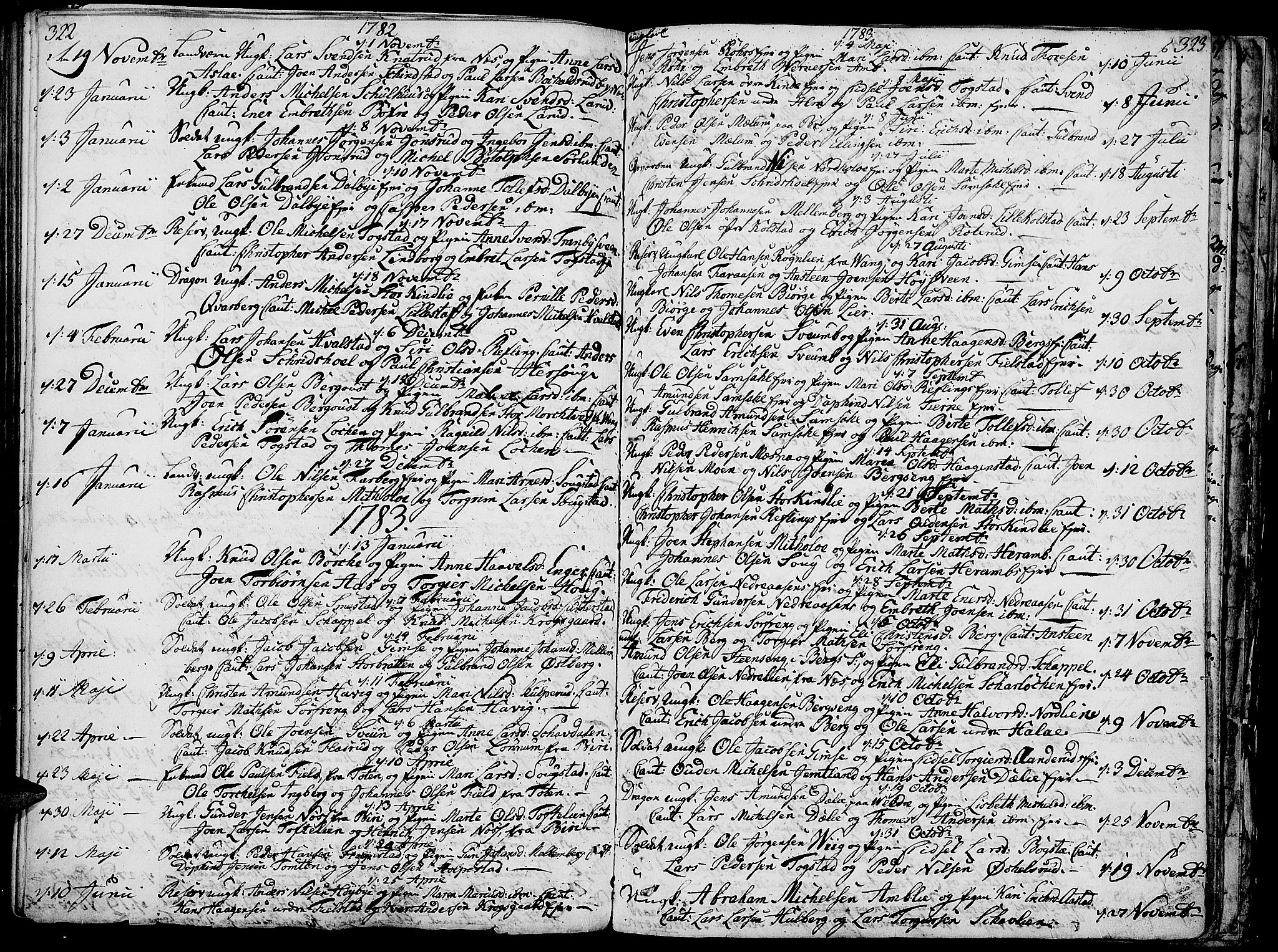 Ringsaker prestekontor, AV/SAH-PREST-014/K/Ka/L0003: Ministerialbok nr. 3, 1775-1798, s. 322-323