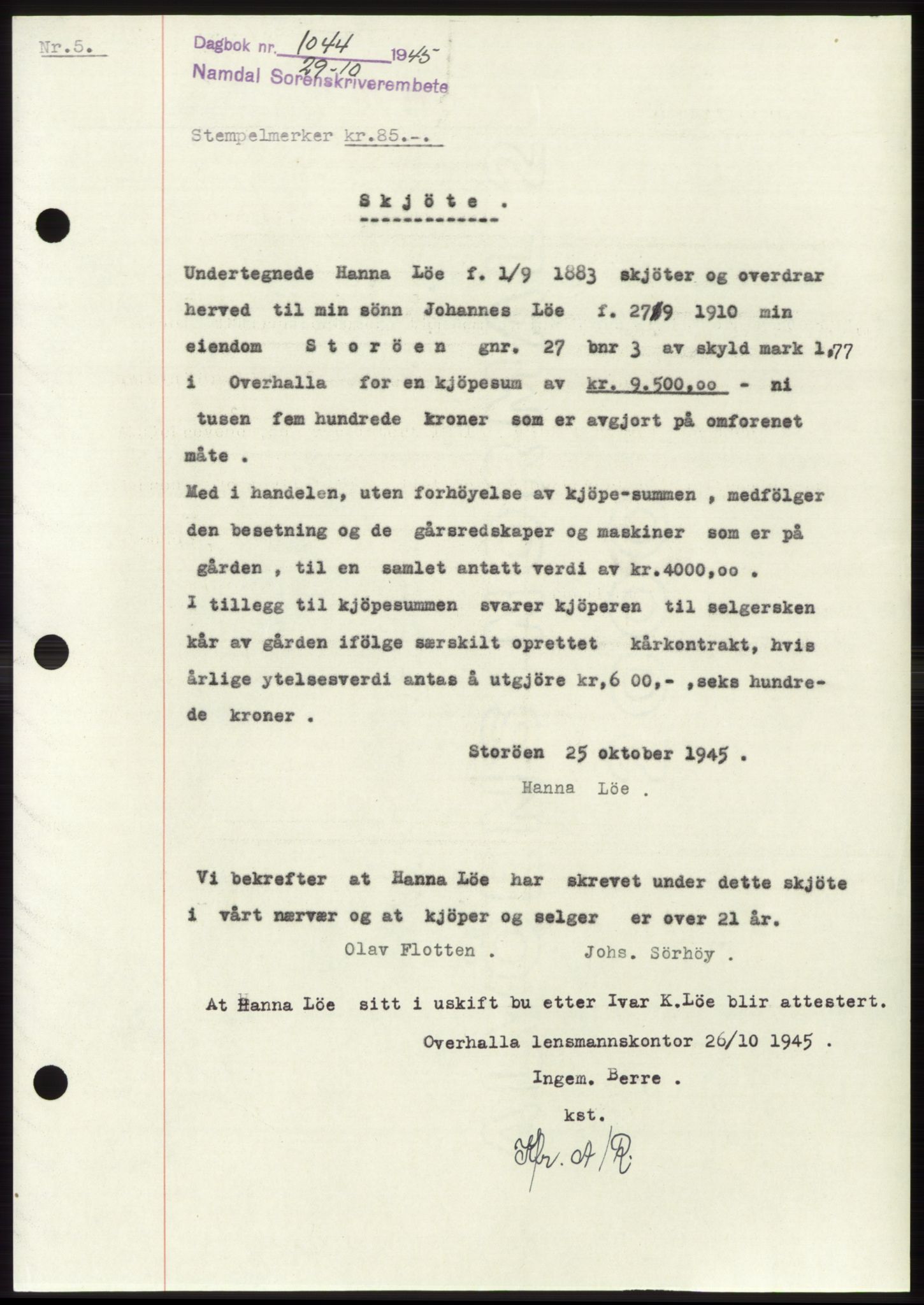 Namdal sorenskriveri, SAT/A-4133/1/2/2C: Pantebok nr. -, 1944-1945, Dagboknr: 1044/1945