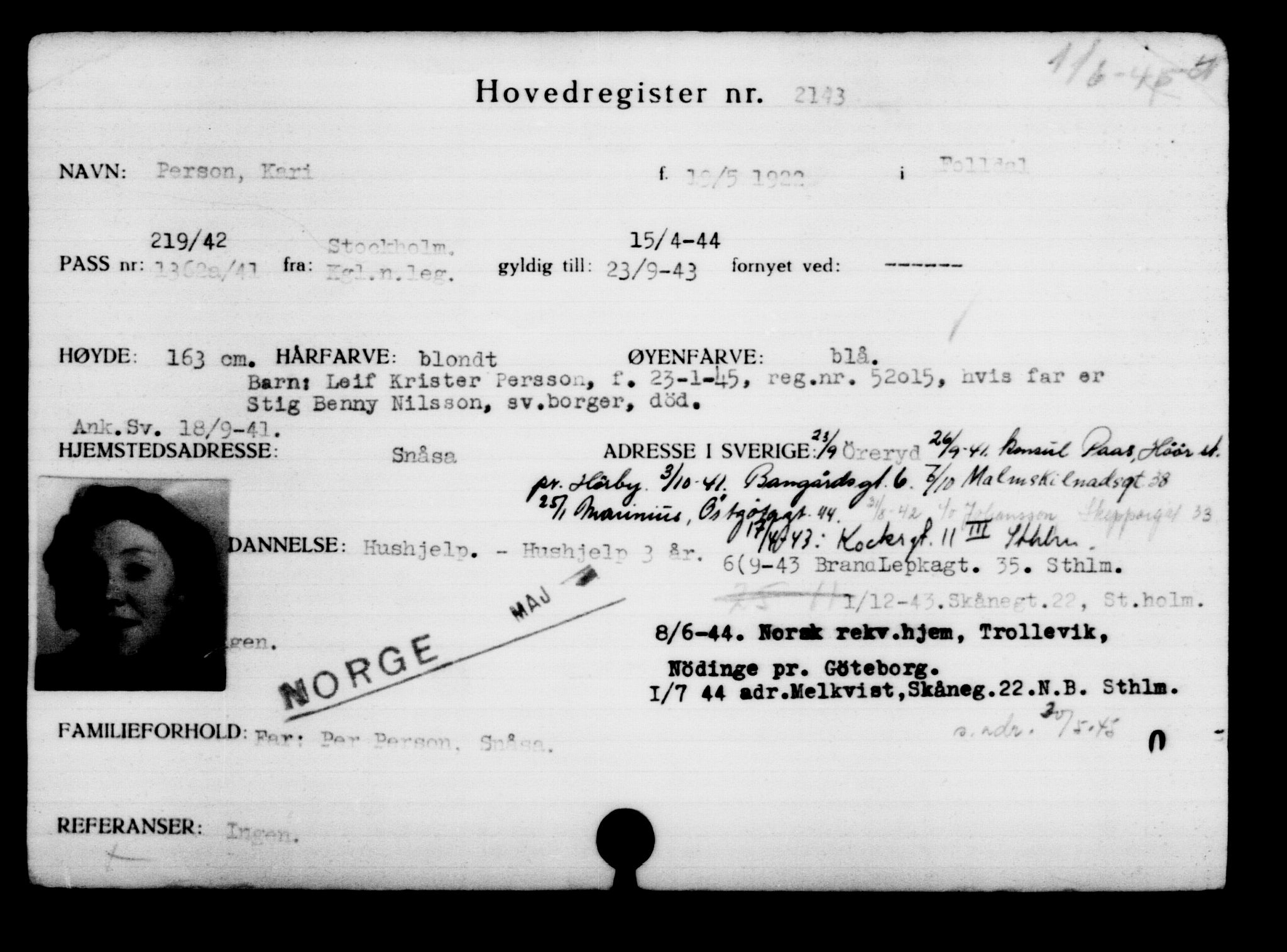 Utenriksstasjonene, Legasjonen i Stockholm, Flyktningkontoret, AV/RA-S-6753/V/Va/L0003: Kjesäterkartoteket, flyktninger med registreringsnr. 2001-3495, 1940-1945, s. 197