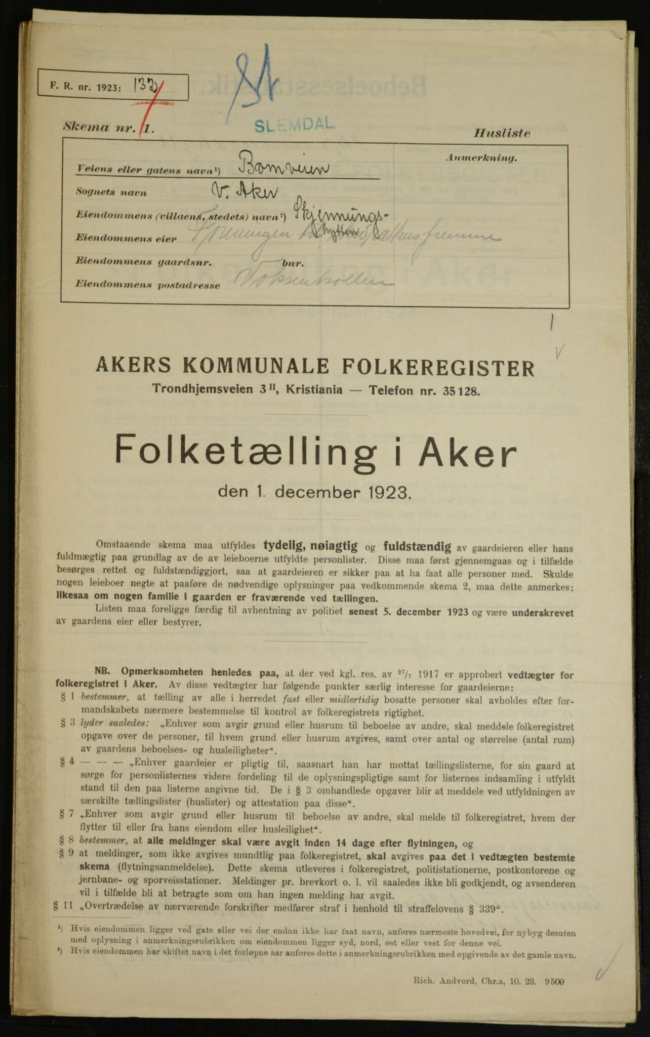 , Kommunal folketelling 1.12.1923 for Aker, 1923, s. 8286