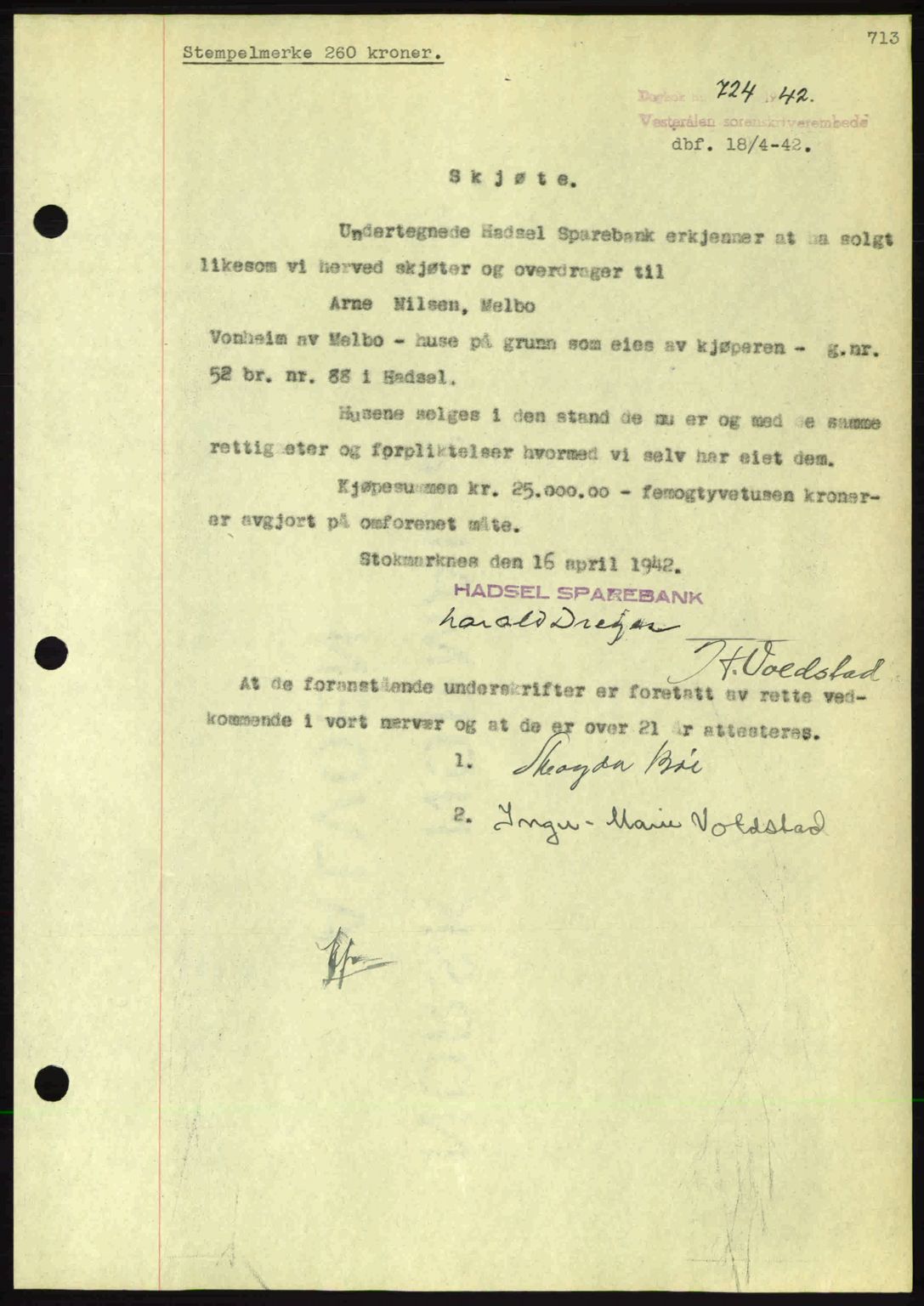 Vesterålen sorenskriveri, AV/SAT-A-4180/1/2/2Ca: Pantebok nr. A12, 1941-1942, Dagboknr: 724/1942