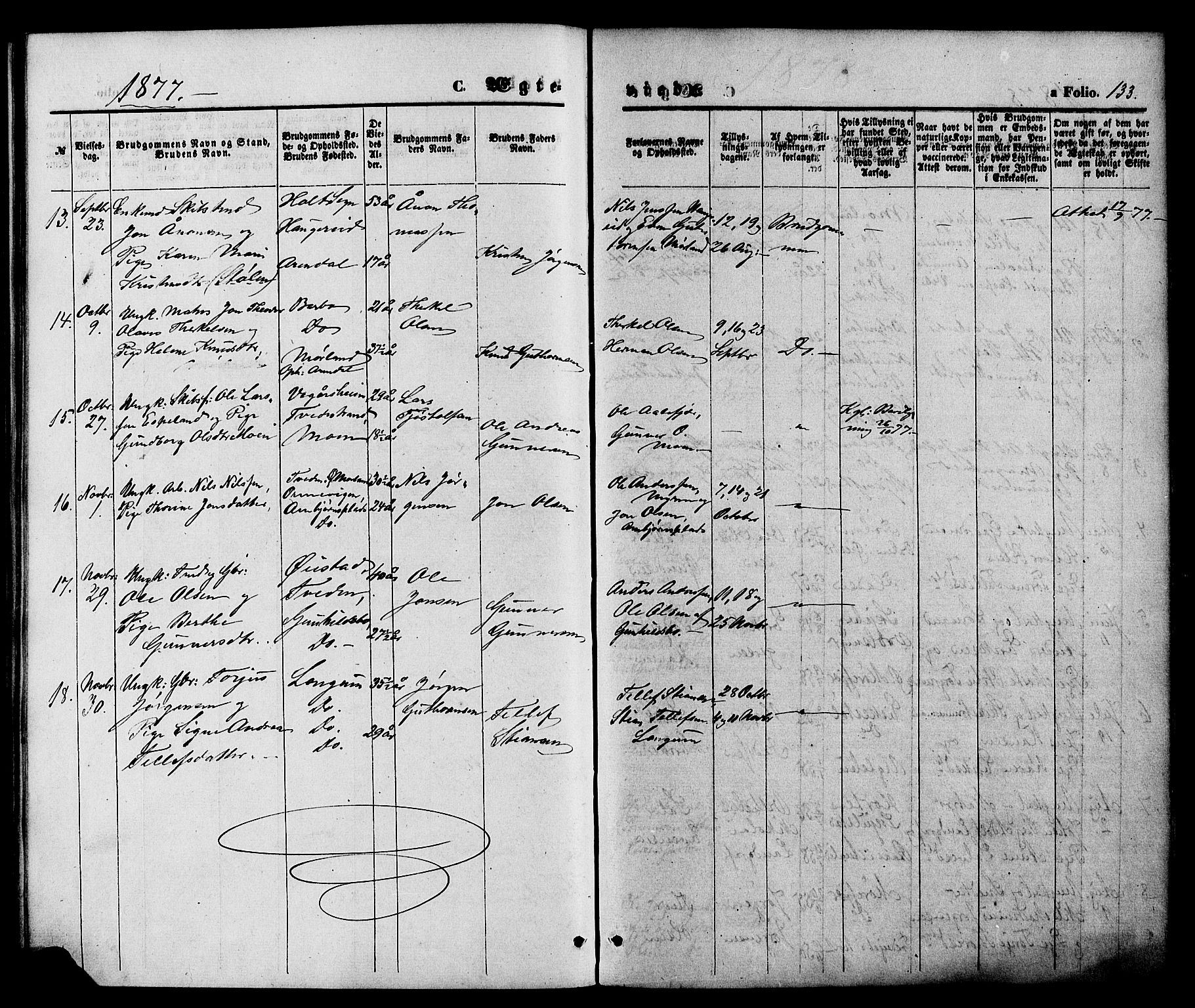 Austre Moland sokneprestkontor, AV/SAK-1111-0001/F/Fa/Faa/L0009: Ministerialbok nr. A 9, 1869-1879, s. 133