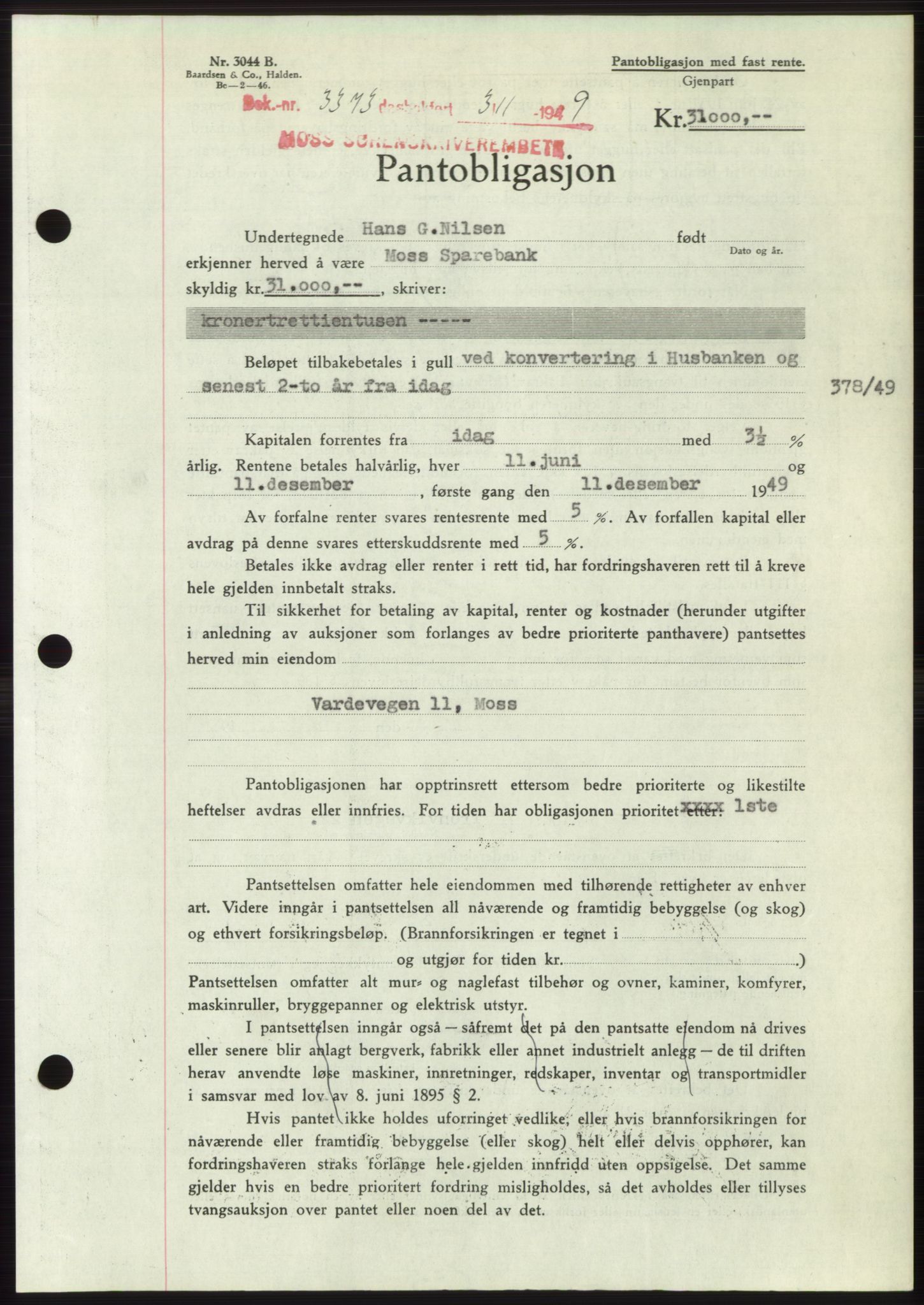 Moss sorenskriveri, SAO/A-10168: Pantebok nr. B23, 1949-1950, Dagboknr: 3373/1949