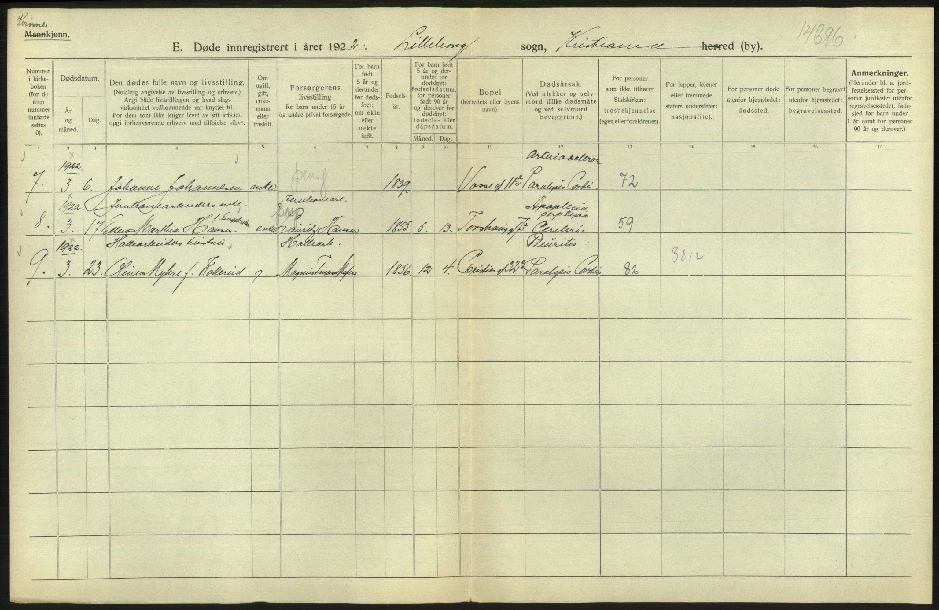 Statistisk sentralbyrå, Sosiodemografiske emner, Befolkning, AV/RA-S-2228/D/Df/Dfc/Dfcb/L0009: Kristiania: Døde, 1922, s. 492