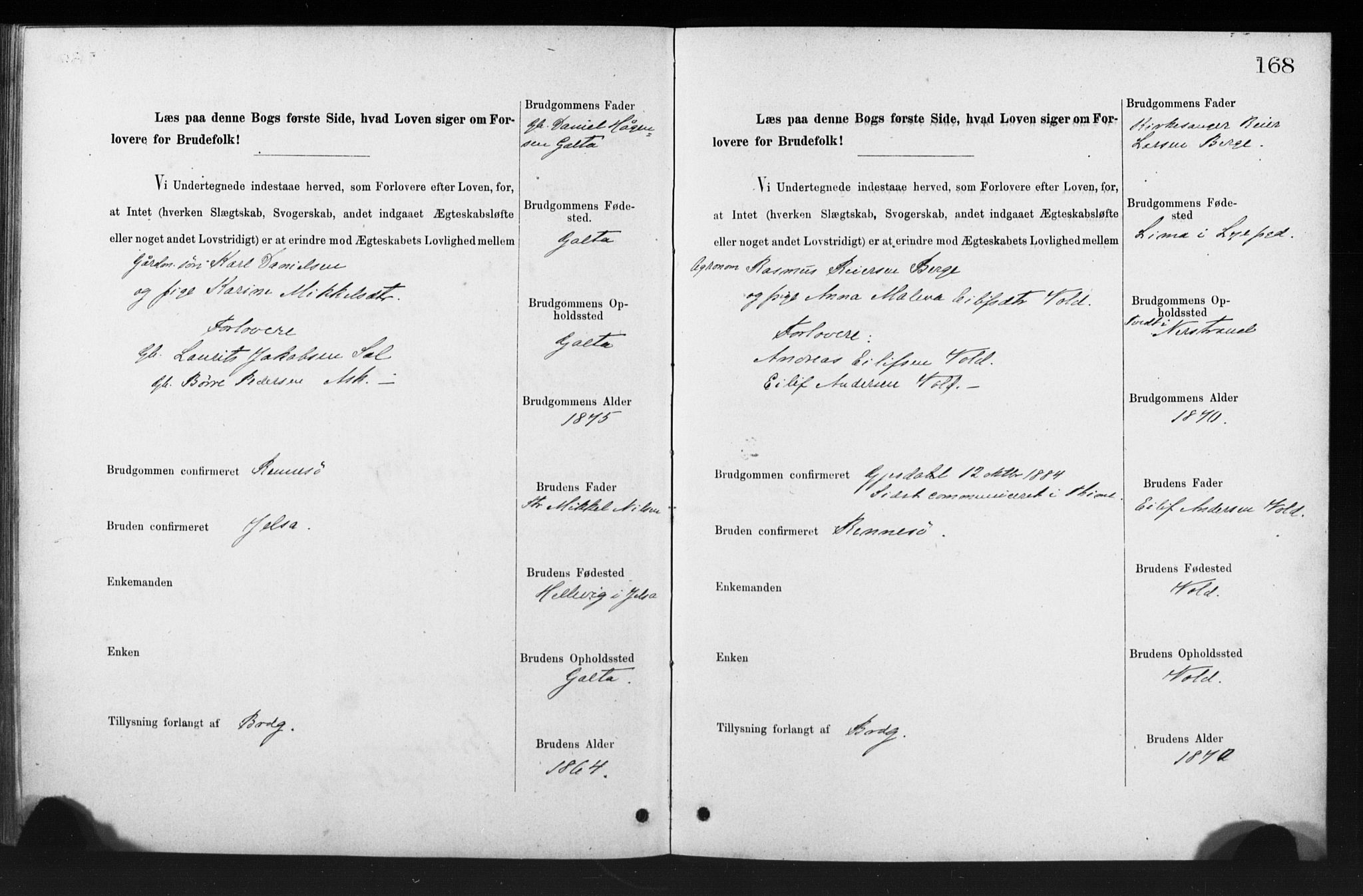 Rennesøy sokneprestkontor, AV/SAST-A -101827/I/Ie/L0001: Lysningsprotokoll nr. 1, 1873-1898, s. 168