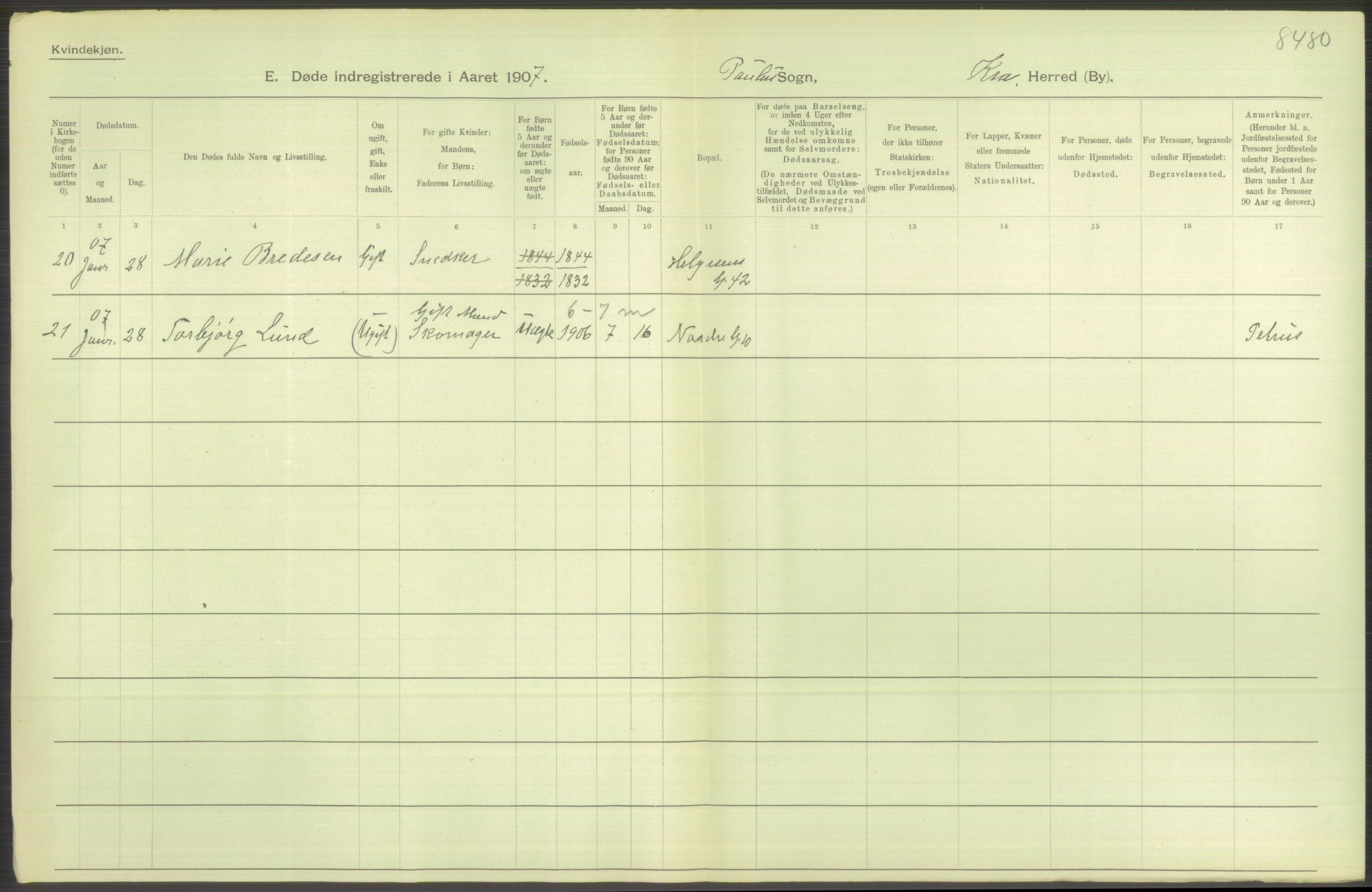 Statistisk sentralbyrå, Sosiodemografiske emner, Befolkning, AV/RA-S-2228/D/Df/Dfa/Dfae/L0009: Kristiania: Døde, 1907, s. 404