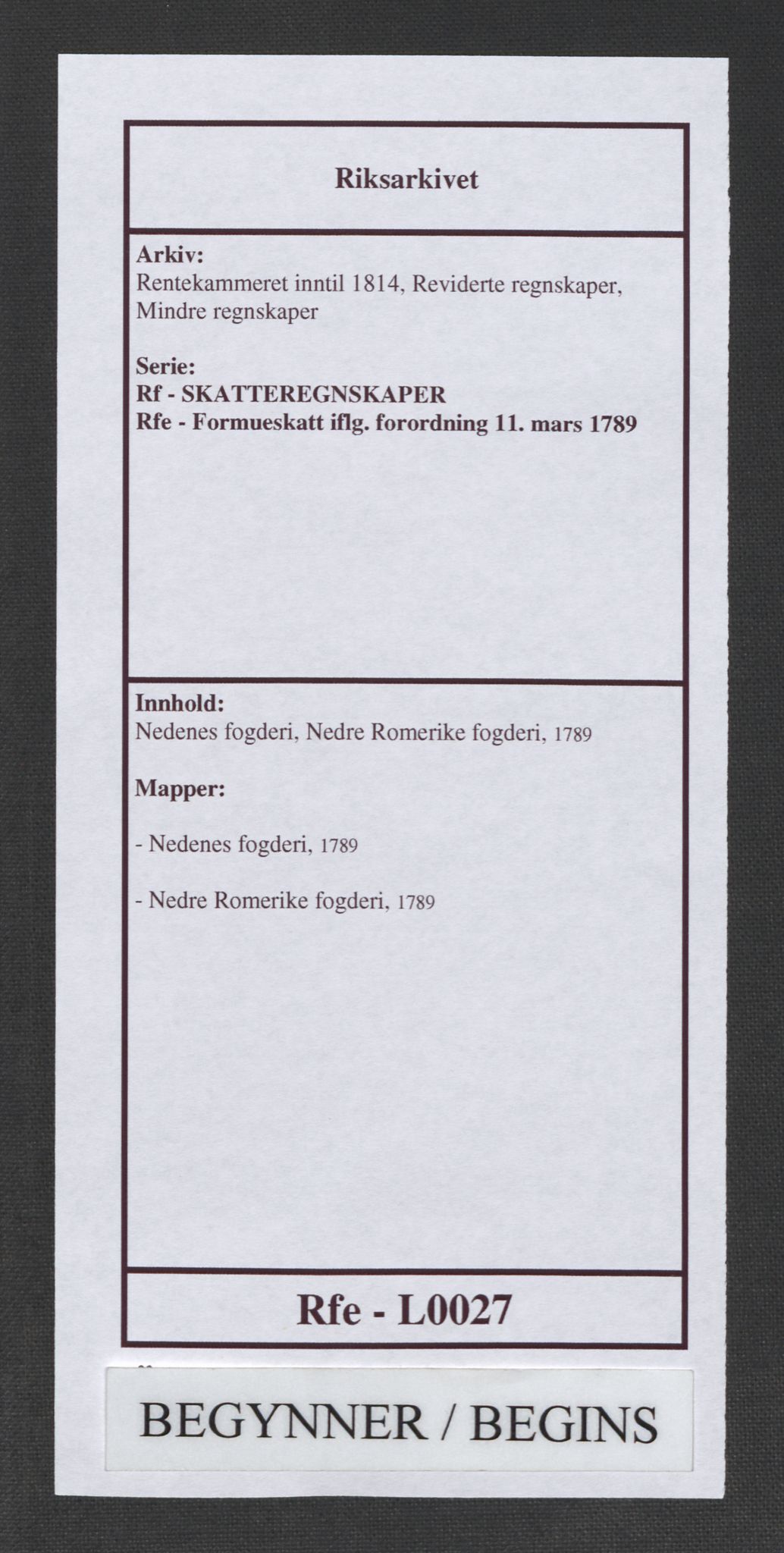 Rentekammeret inntil 1814, Reviderte regnskaper, Mindre regnskaper, AV/RA-EA-4068/Rf/Rfe/L0027: Nedenes fogderi, Nedre Romerike fogderi, 1789, s. 1